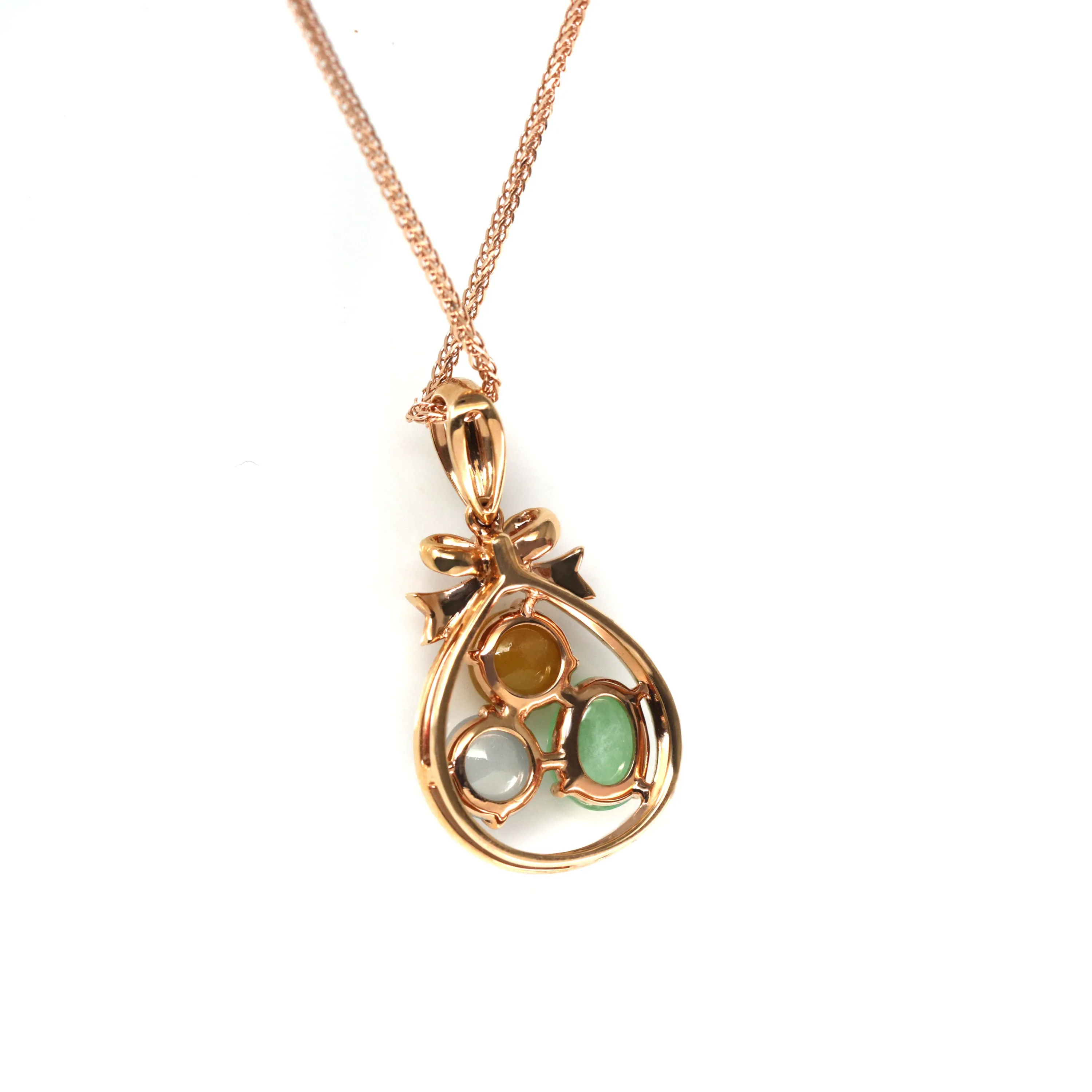 RealJade® "Good Luck Sack"18k Rose Gold Multi Color Jadeite Jade Diamond Pendant Necklace