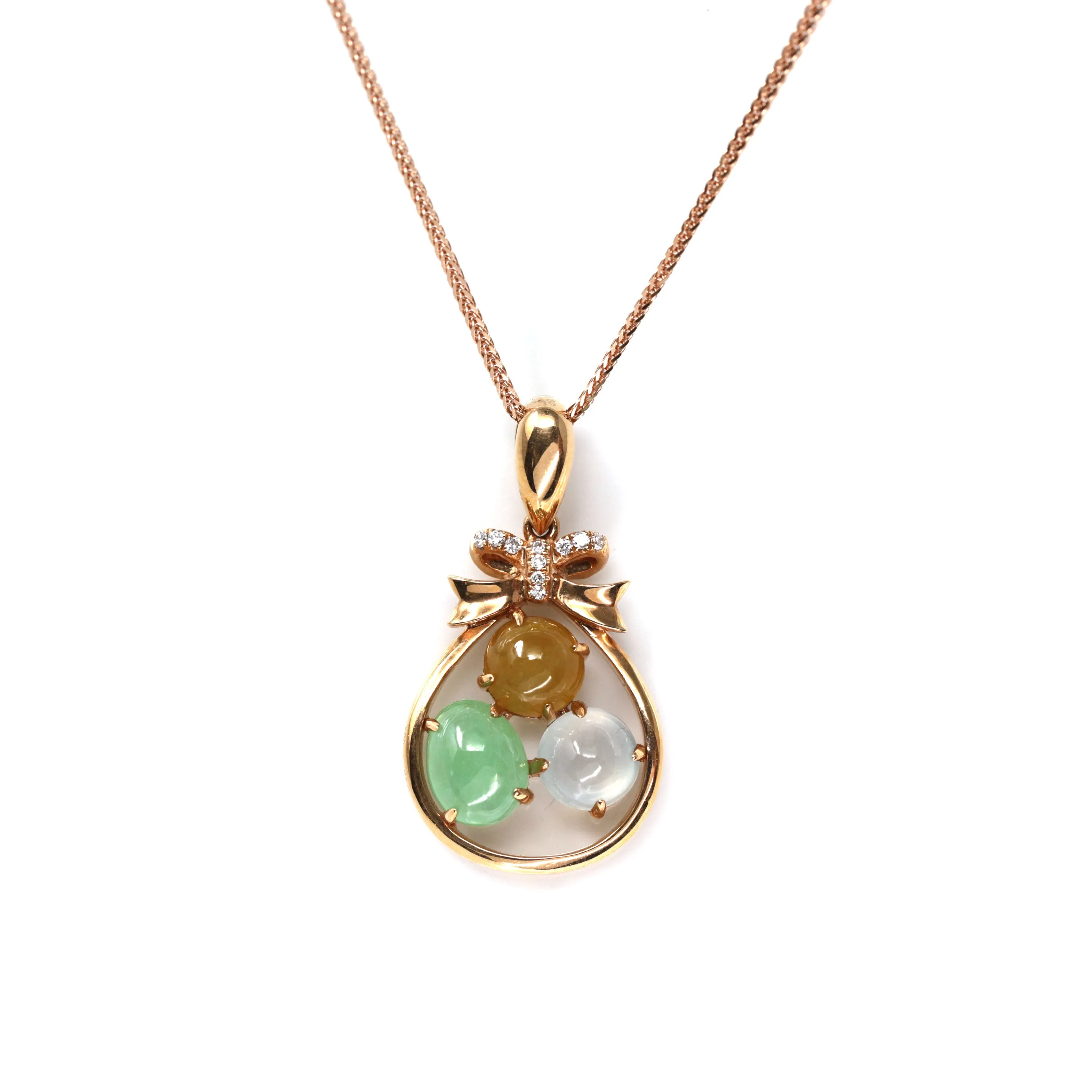 RealJade® "Good Luck Sack"18k Rose Gold Multi Color Jadeite Jade Diamond Pendant Necklace