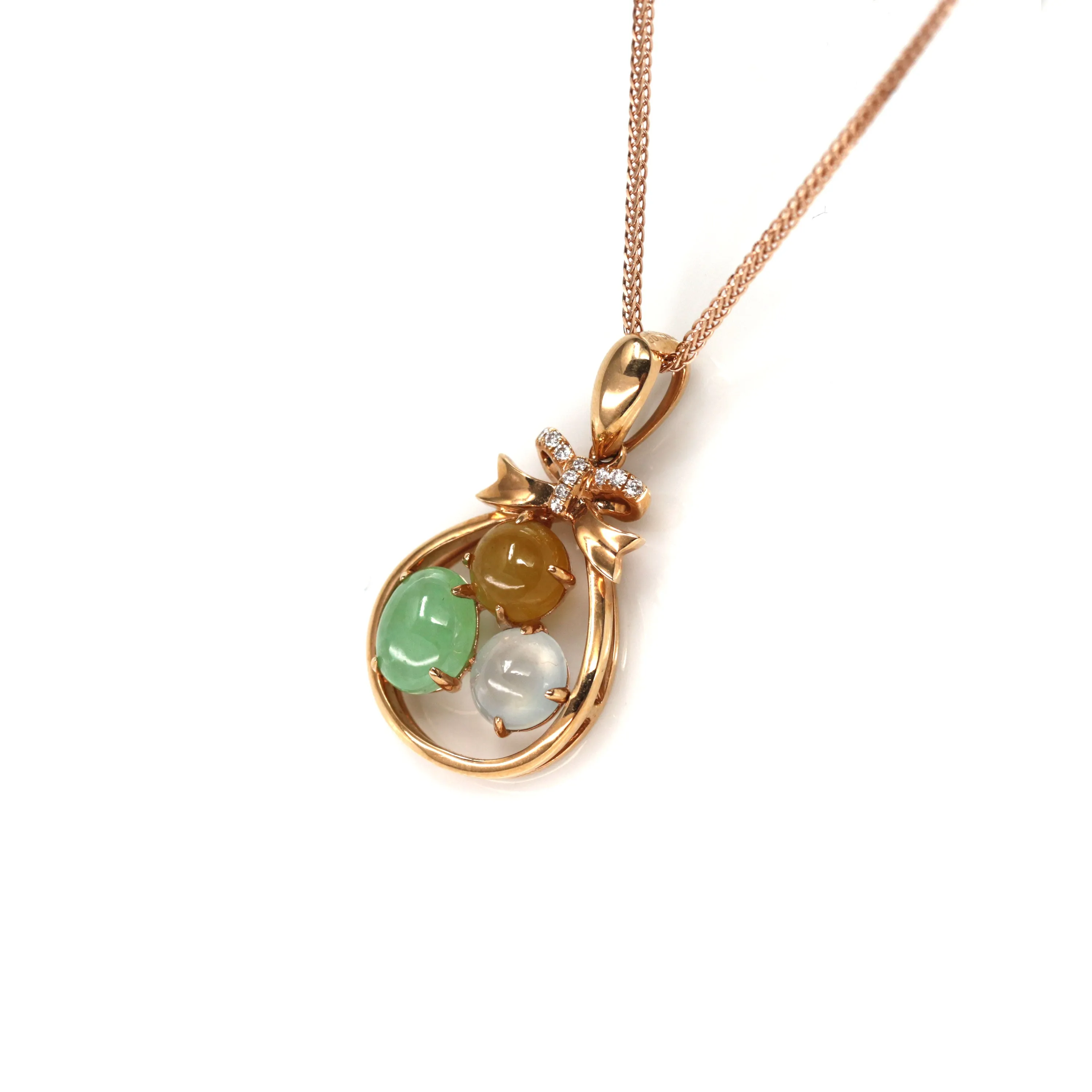 RealJade® "Good Luck Sack"18k Rose Gold Multi Color Jadeite Jade Diamond Pendant Necklace