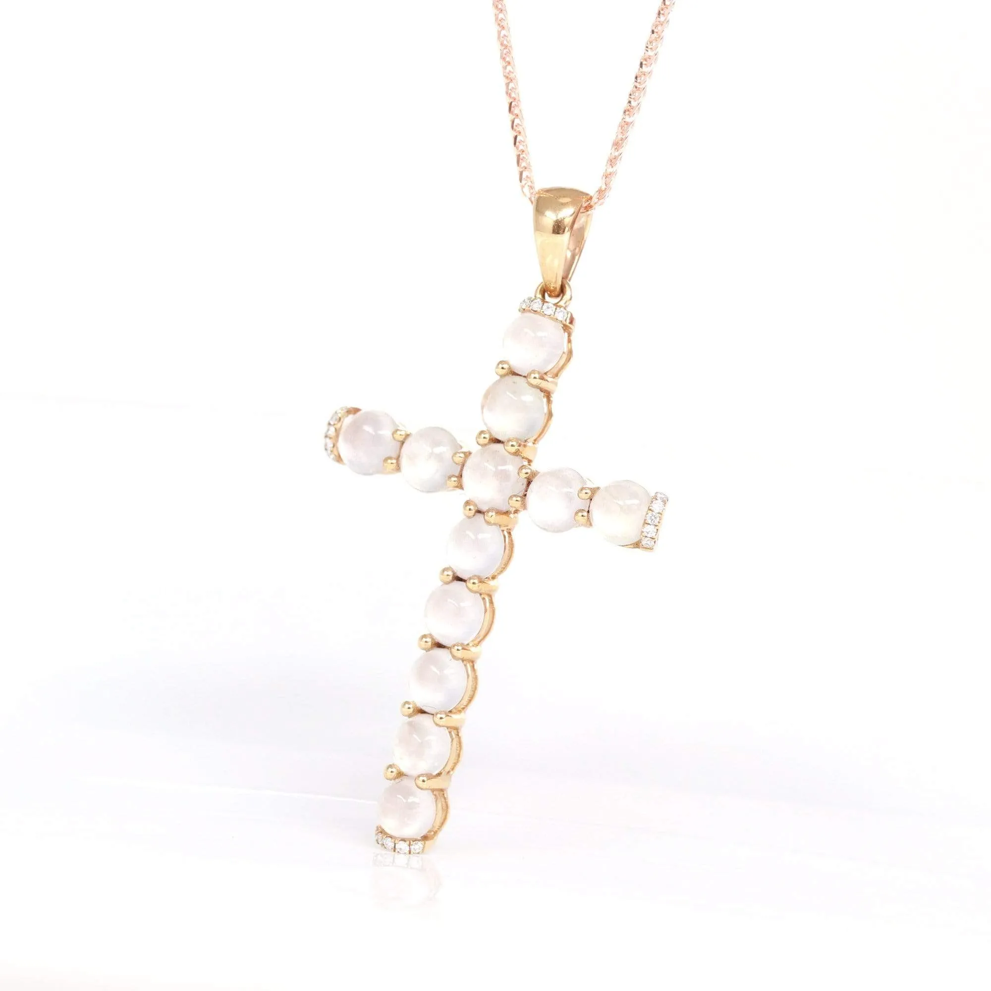 RealJade® "Ice Jade Cross" 18k Rose Gold Ice Jadeite Jade Diamond Cross Pendant Necklace