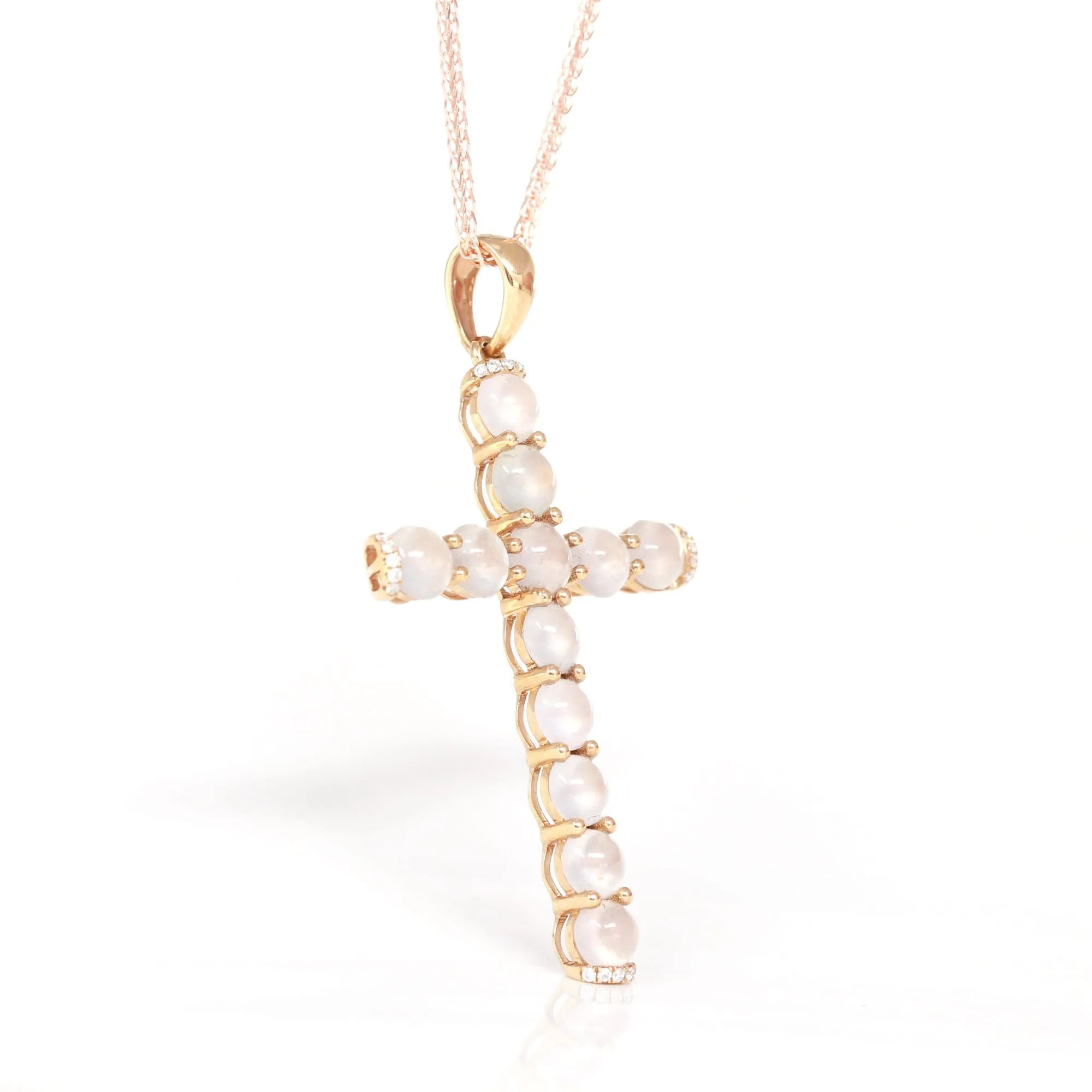 RealJade® "Ice Jade Cross" 18k Rose Gold Ice Jadeite Jade Diamond Cross Pendant Necklace