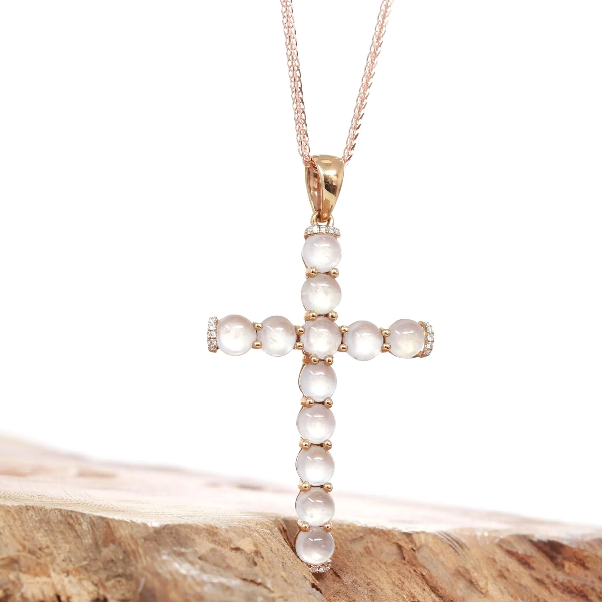 RealJade® "Ice Jade Cross" 18k Rose Gold Ice Jadeite Jade Diamond Cross Pendant Necklace