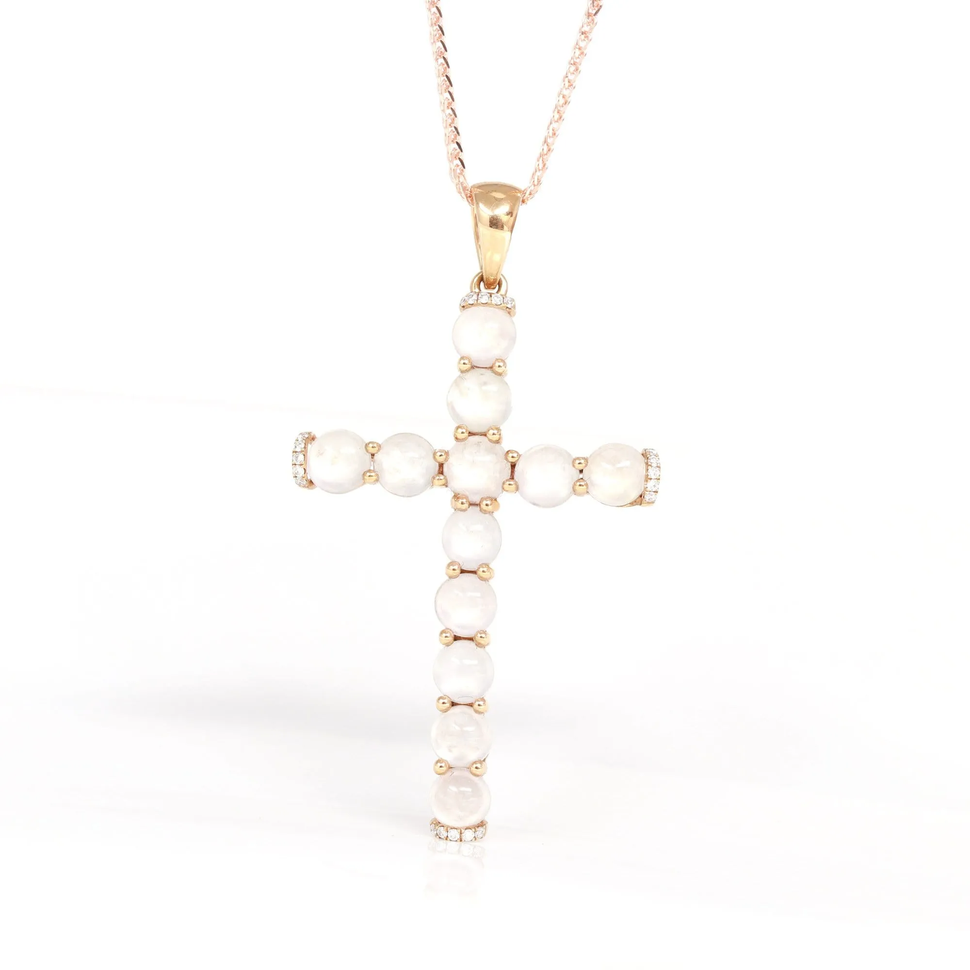 RealJade® "Ice Jade Cross" 18k Rose Gold Ice Jadeite Jade Diamond Cross Pendant Necklace