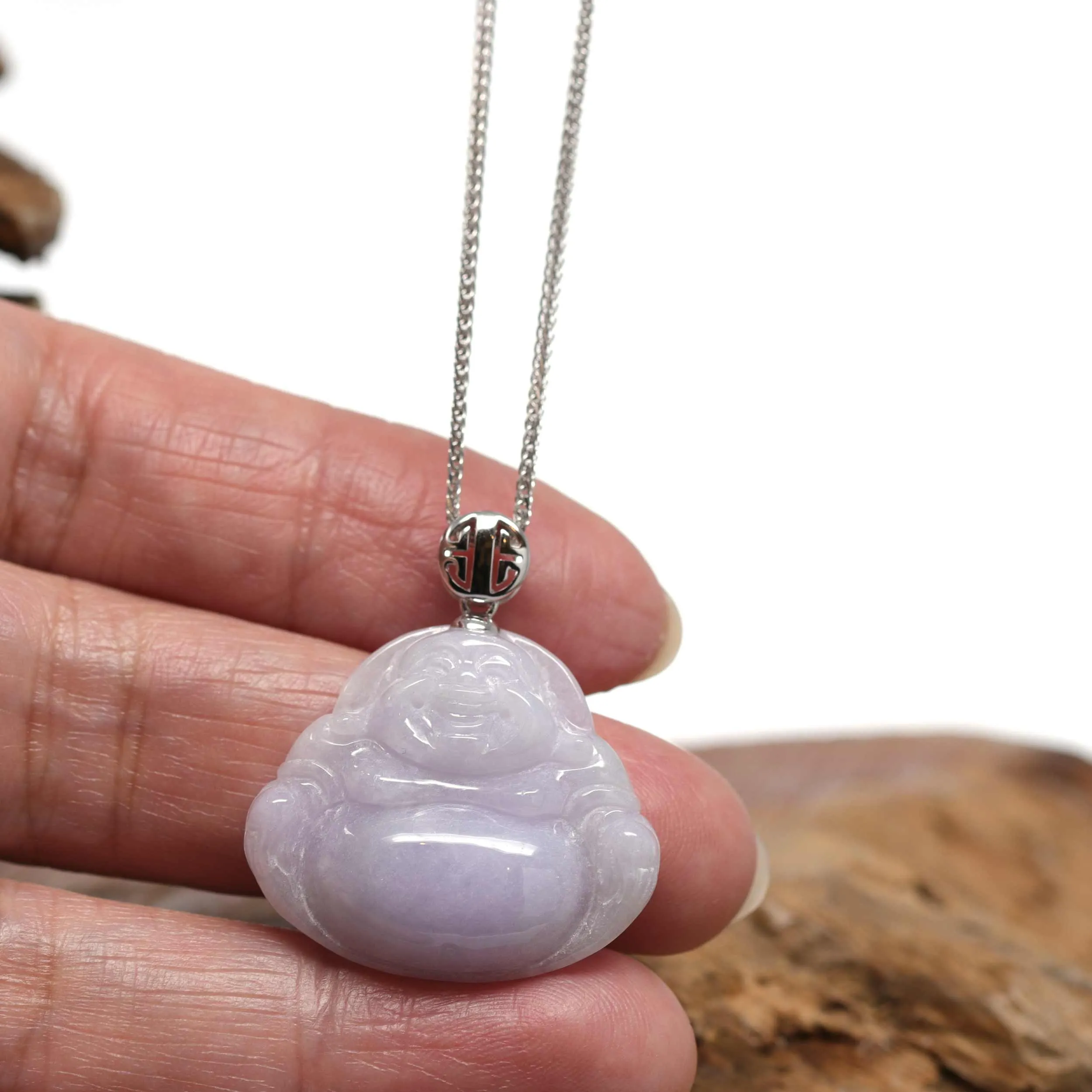 RealJade® "Laughing Buddha" Genuine Lavender Jadeite Buddha Pendant Necklace With 14k White Gold Buddha Symbol  Bail
