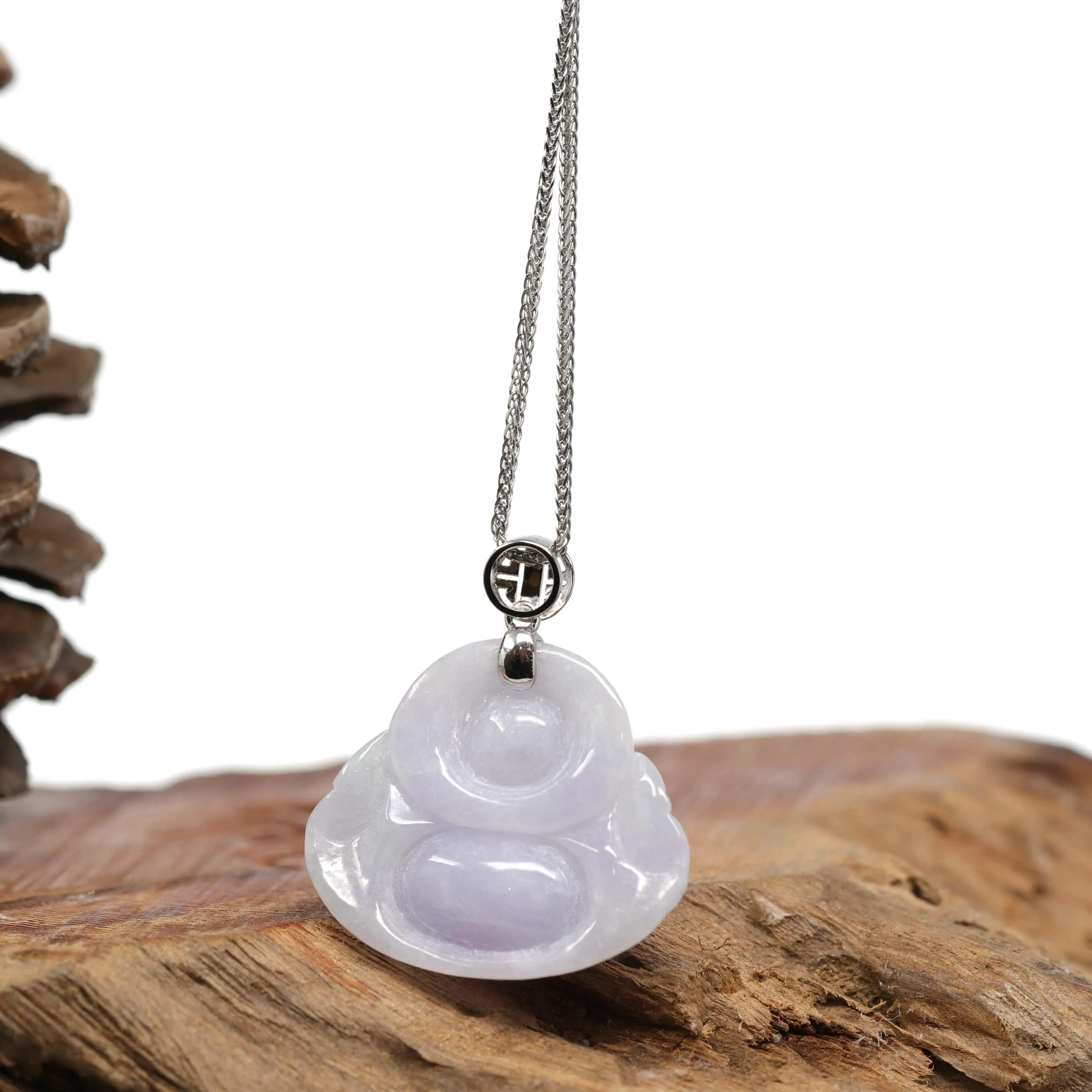 RealJade® "Laughing Buddha" Genuine Lavender Jadeite Buddha Pendant Necklace With 14k White Gold Buddha Symbol  Bail