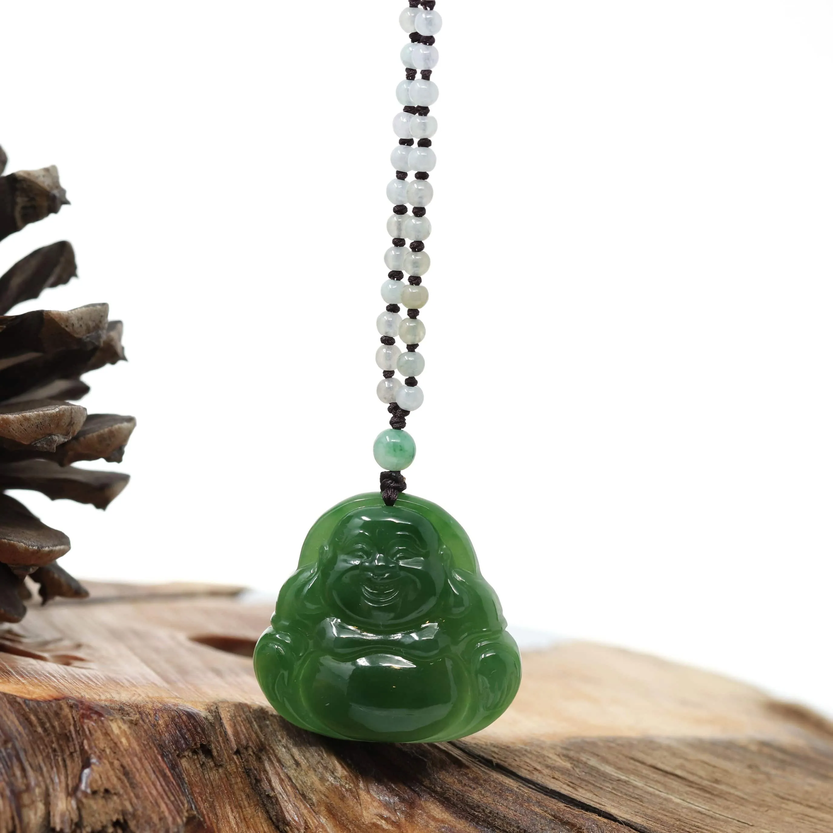 RealJade® "Laughing Buddha" With Classic Beads Necklace Genuine Nephrite Green Jade Buddha Pendant Necklace High-end