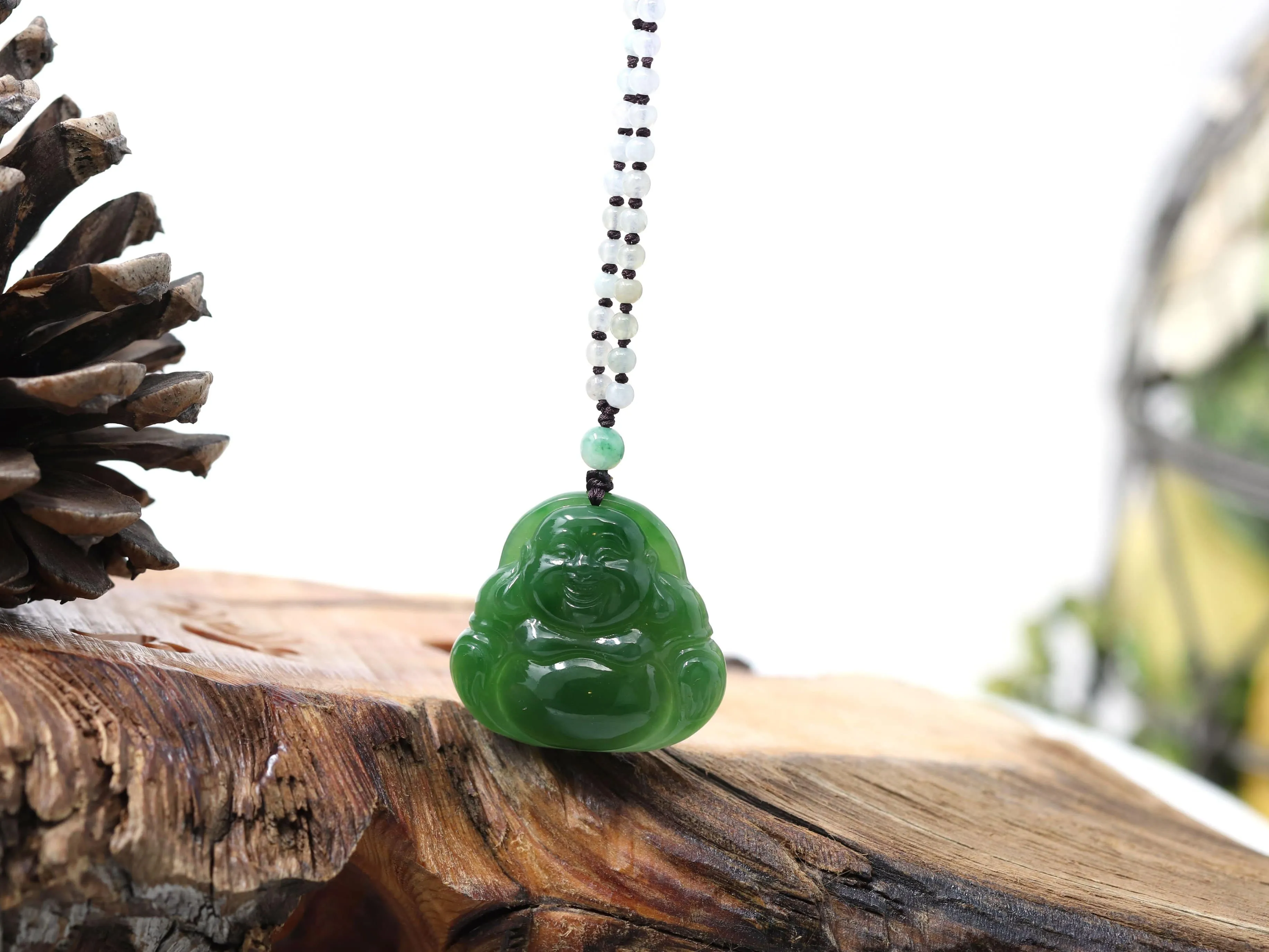 RealJade® "Laughing Buddha" With Classic Beads Necklace Genuine Nephrite Green Jade Buddha Pendant Necklace High-end