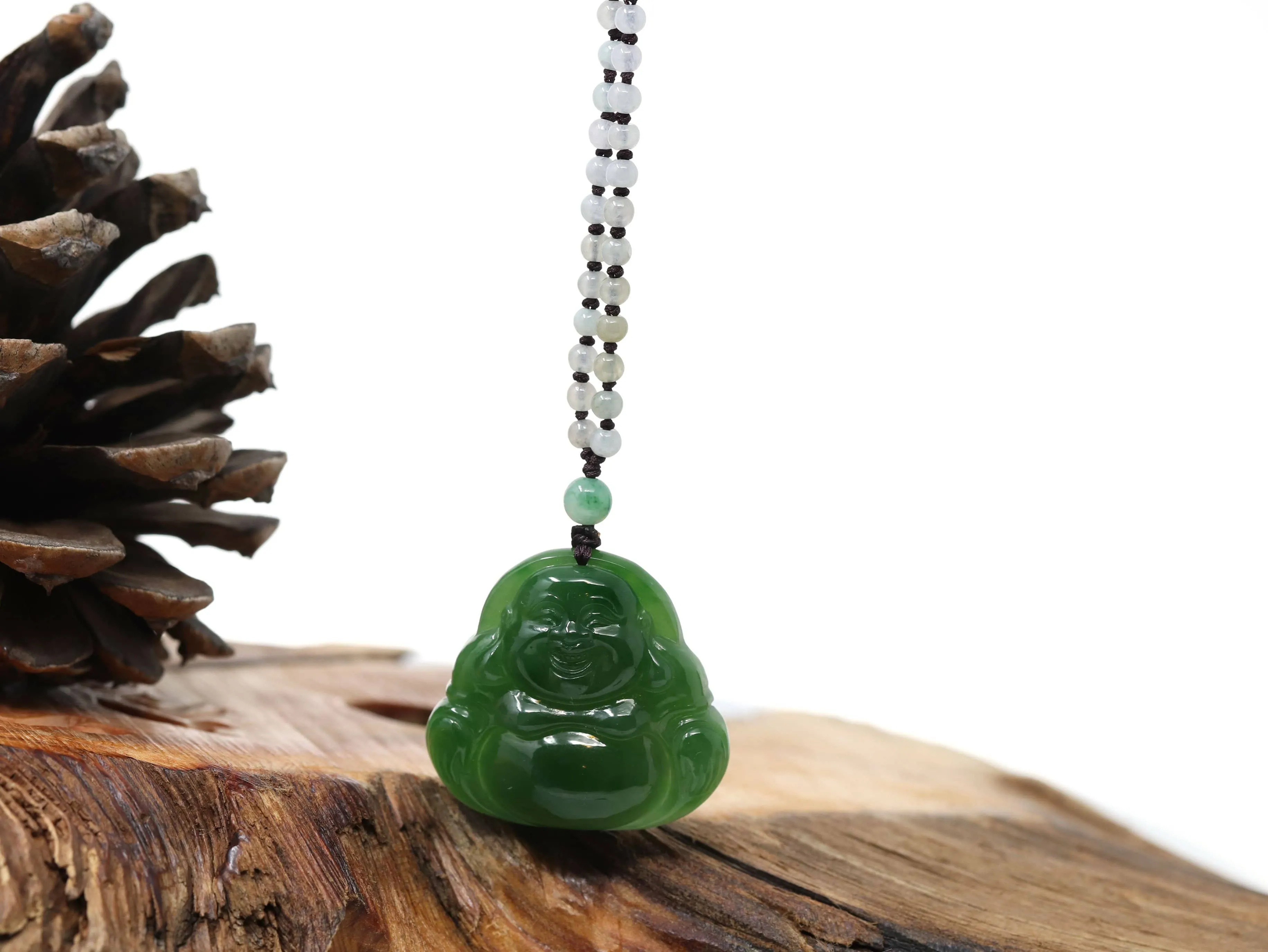 RealJade® "Laughing Buddha" With Classic Beads Necklace Genuine Nephrite Green Jade Buddha Pendant Necklace High-end
