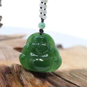 RealJade® "Laughing Buddha" With Classic Beads Necklace Genuine Nephrite Green Jade Buddha Pendant Necklace High-end