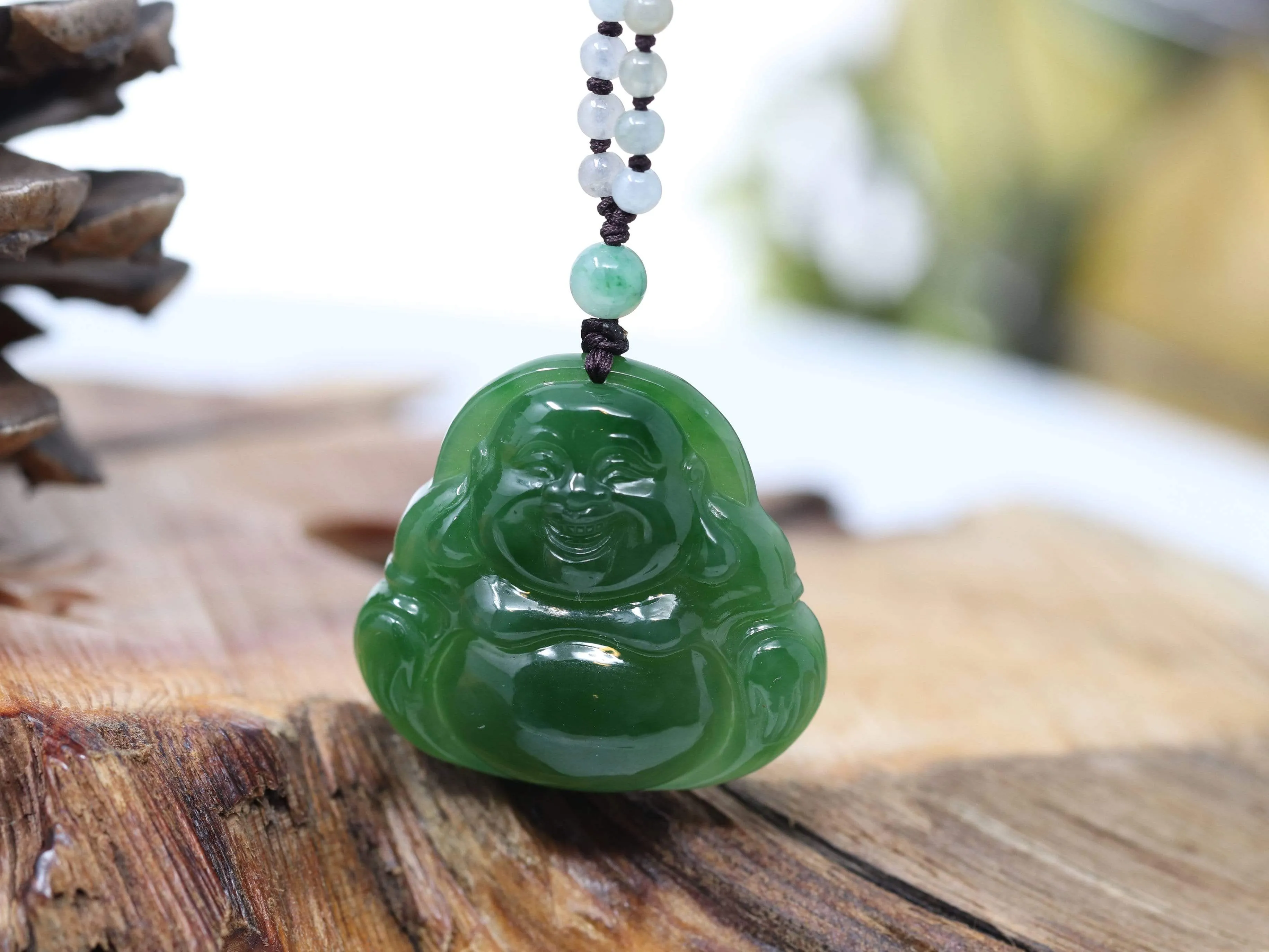 RealJade® "Laughing Buddha" With Classic Beads Necklace Genuine Nephrite Green Jade Buddha Pendant Necklace High-end