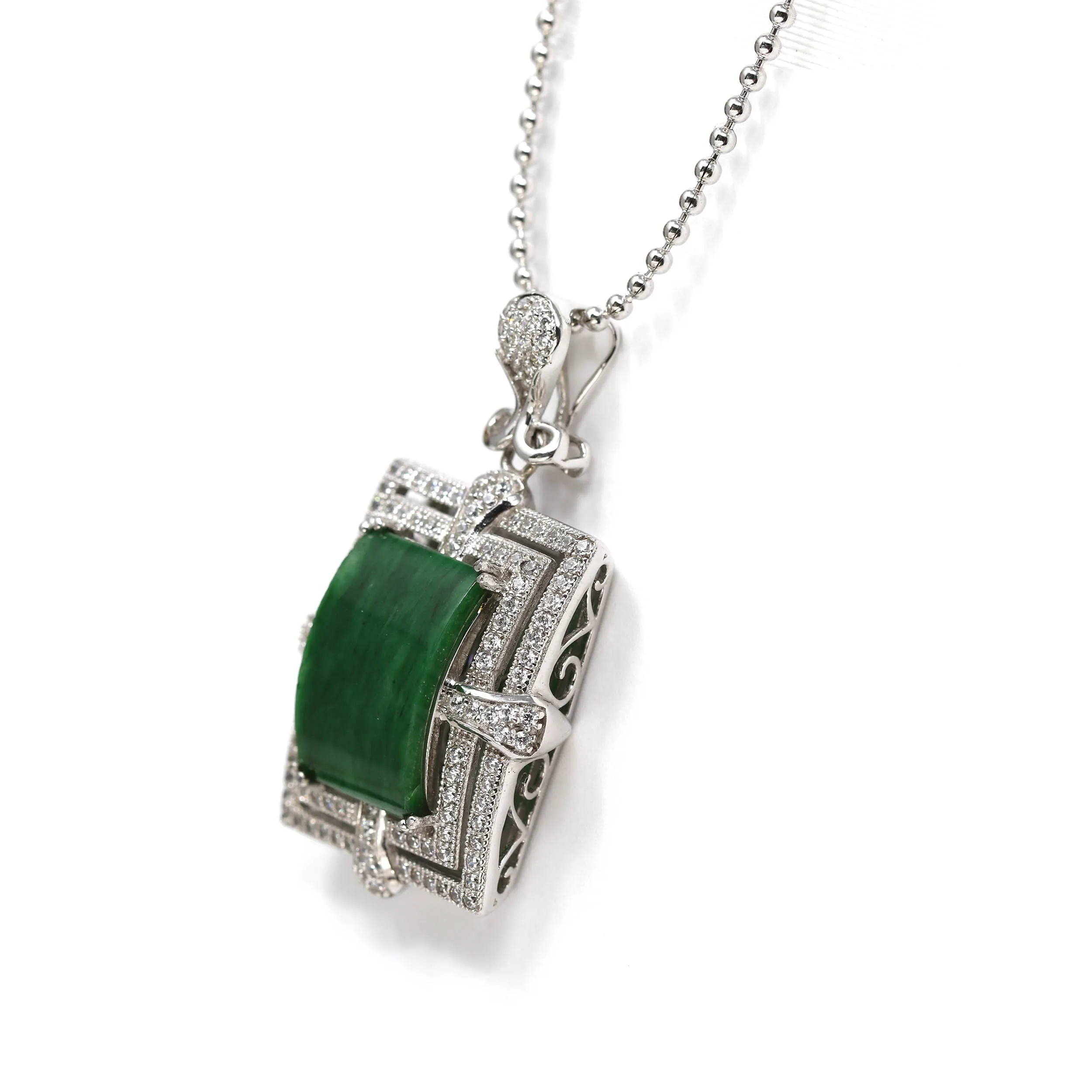 RealJade® "Leah" Sterling Silver Natural Burmese Jadeite Deep Green Necklace with Zircon