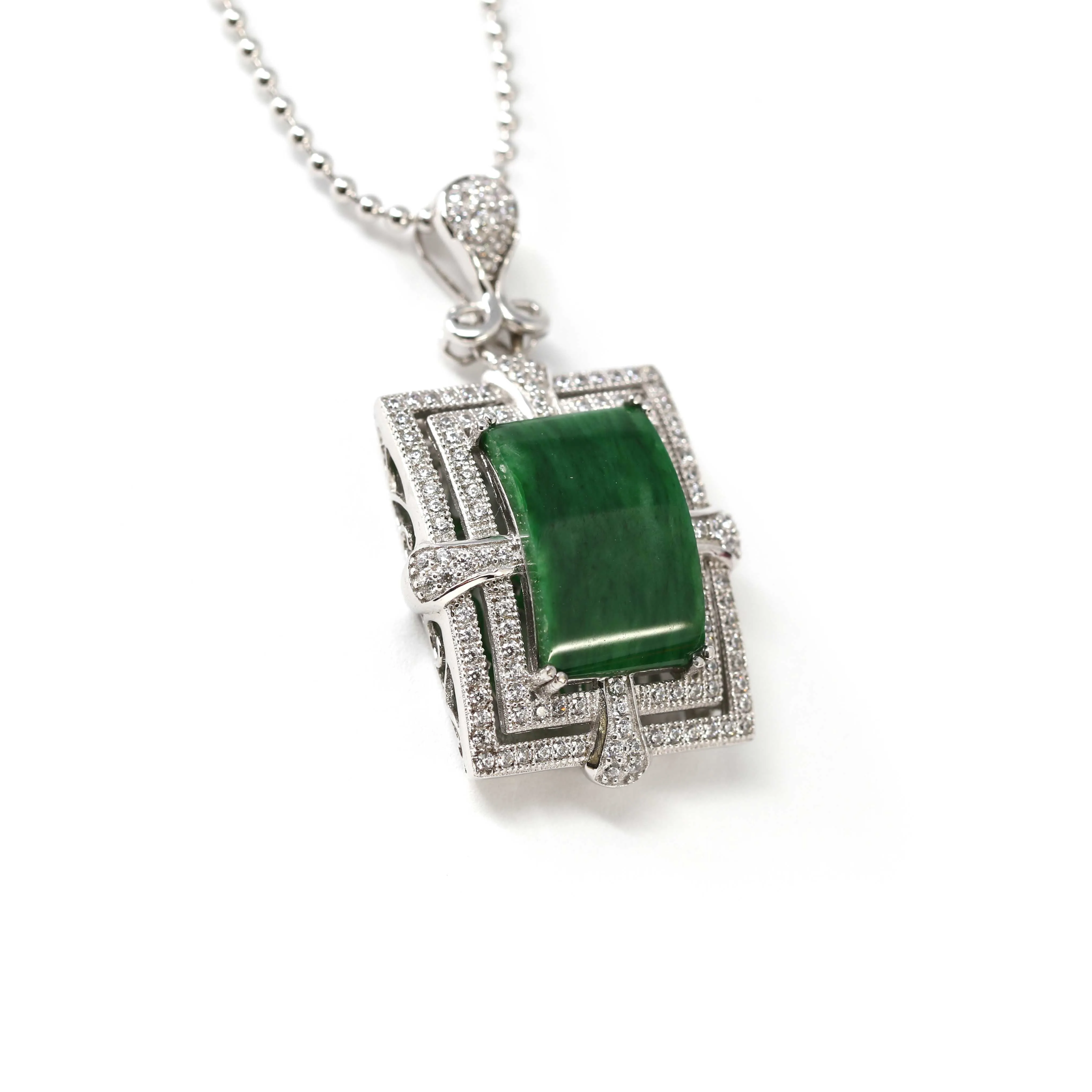 RealJade® "Leah" Sterling Silver Natural Burmese Jadeite Deep Green Necklace with Zircon