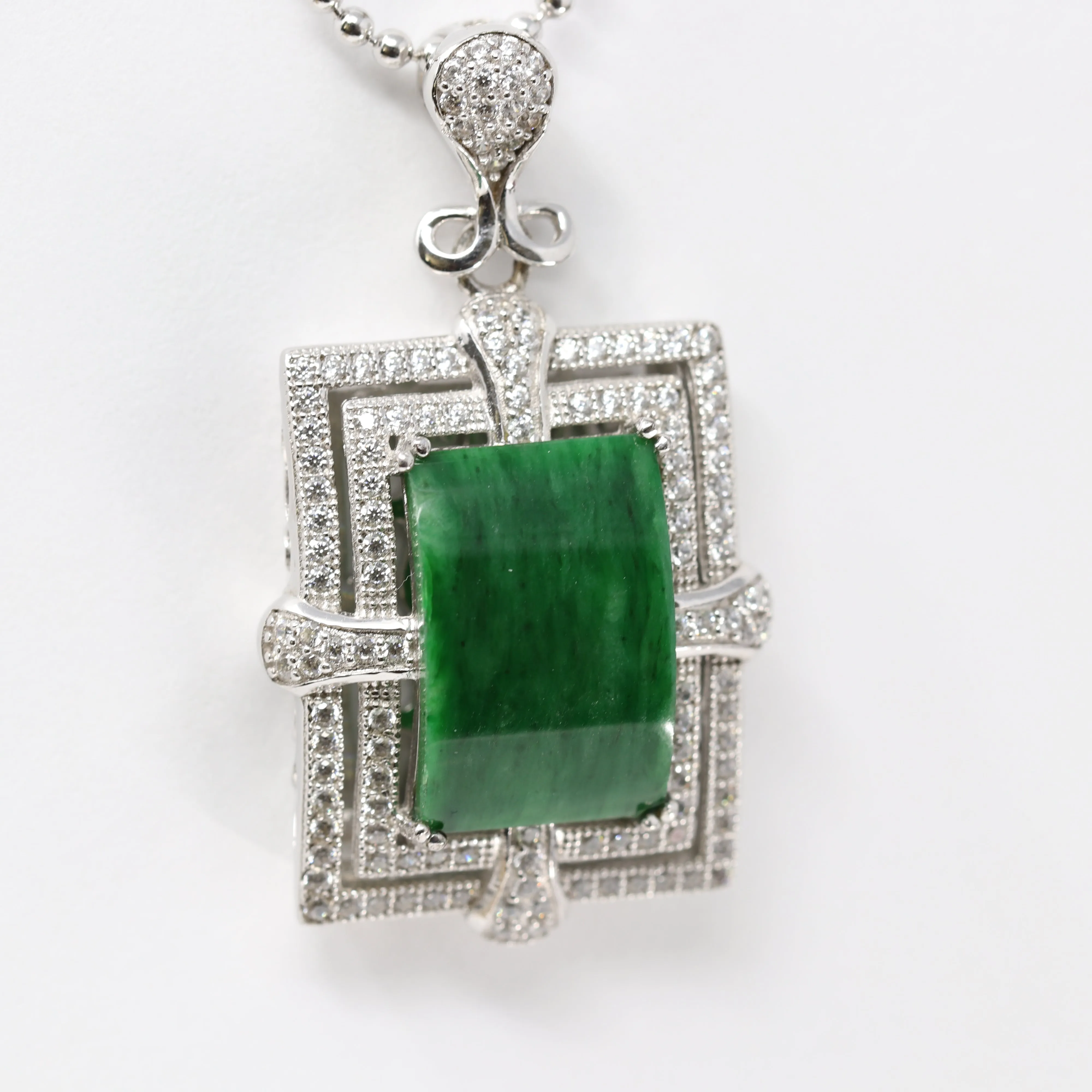 RealJade® "Leah" Sterling Silver Natural Burmese Jadeite Deep Green Necklace with Zircon