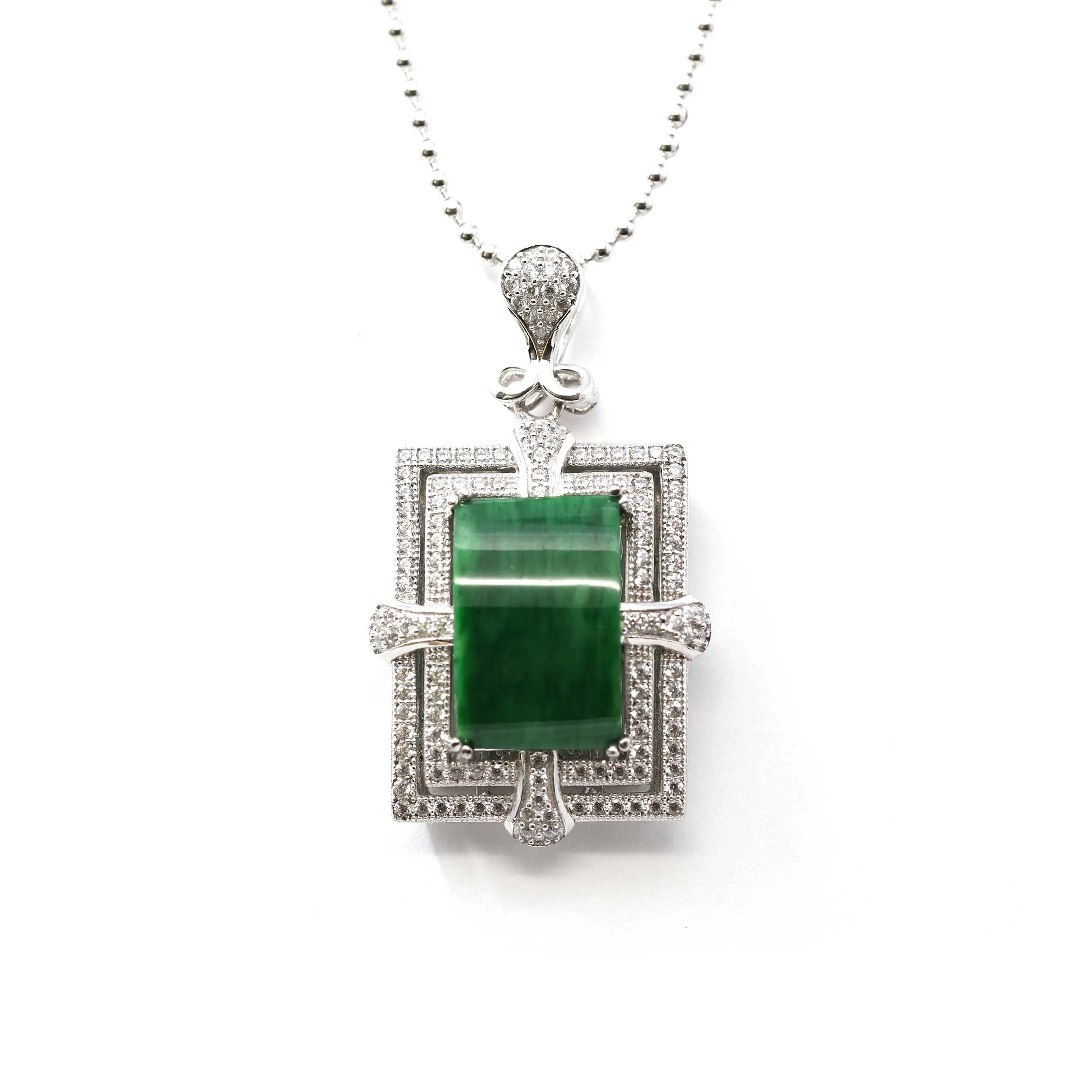 RealJade® "Leah" Sterling Silver Natural Burmese Jadeite Deep Green Necklace with Zircon