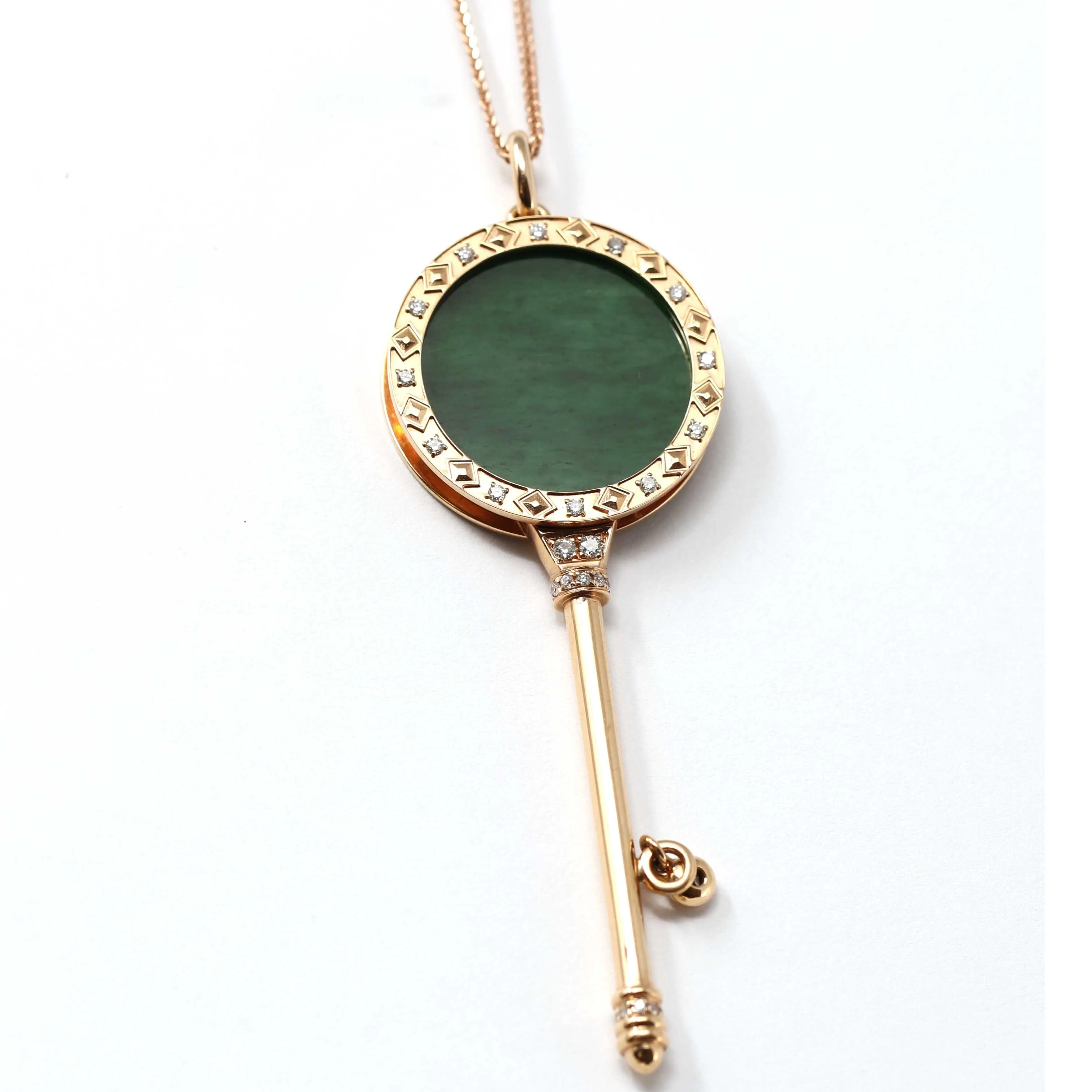 RealJade® "Lucky Key" 18k Rose Gold Jadeite Jade Key Pendant Necklace With Diamond