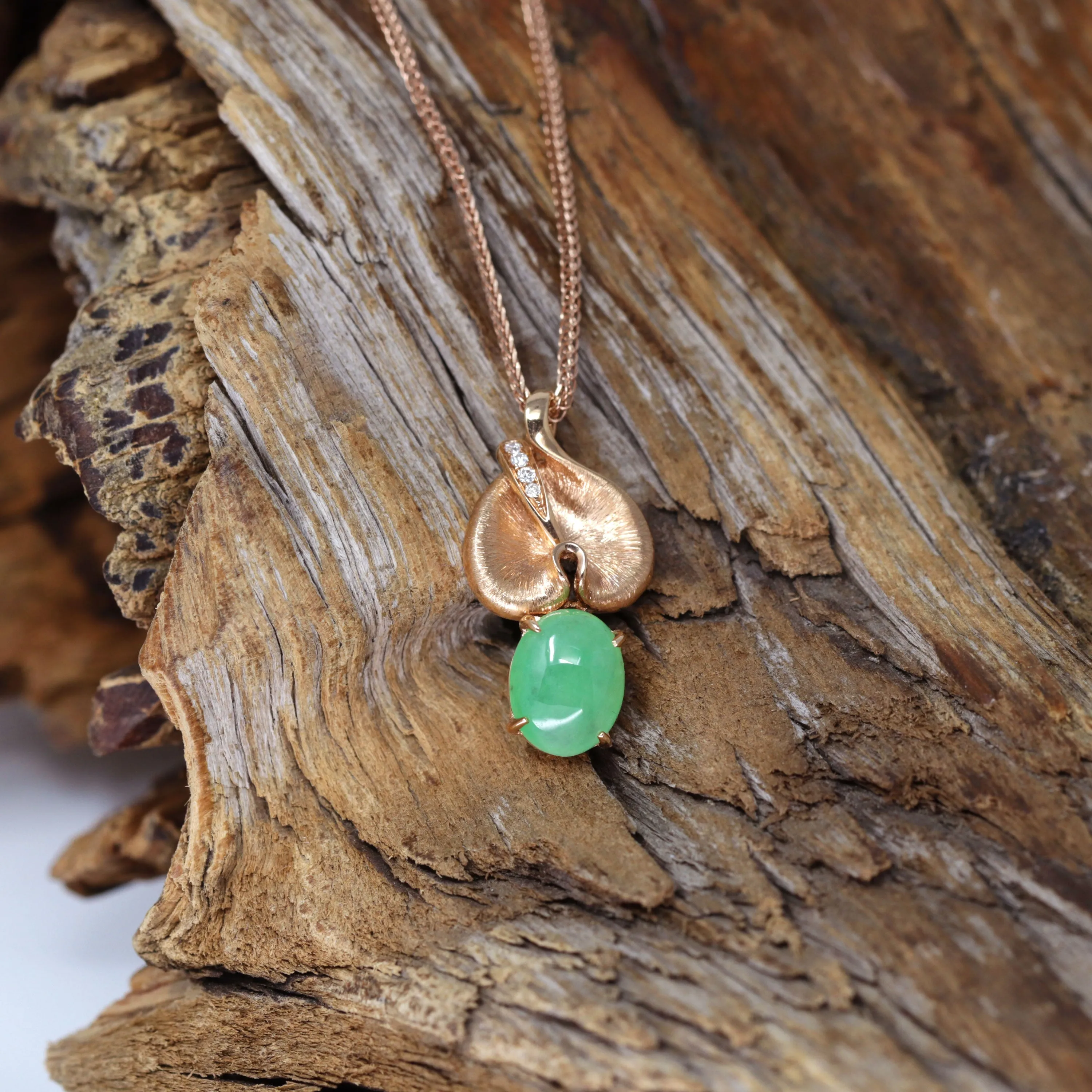 RealJade® "Morning Glory"18k Rose Gold Imperial Green Jadeite Jade Diamond Pendant Necklace