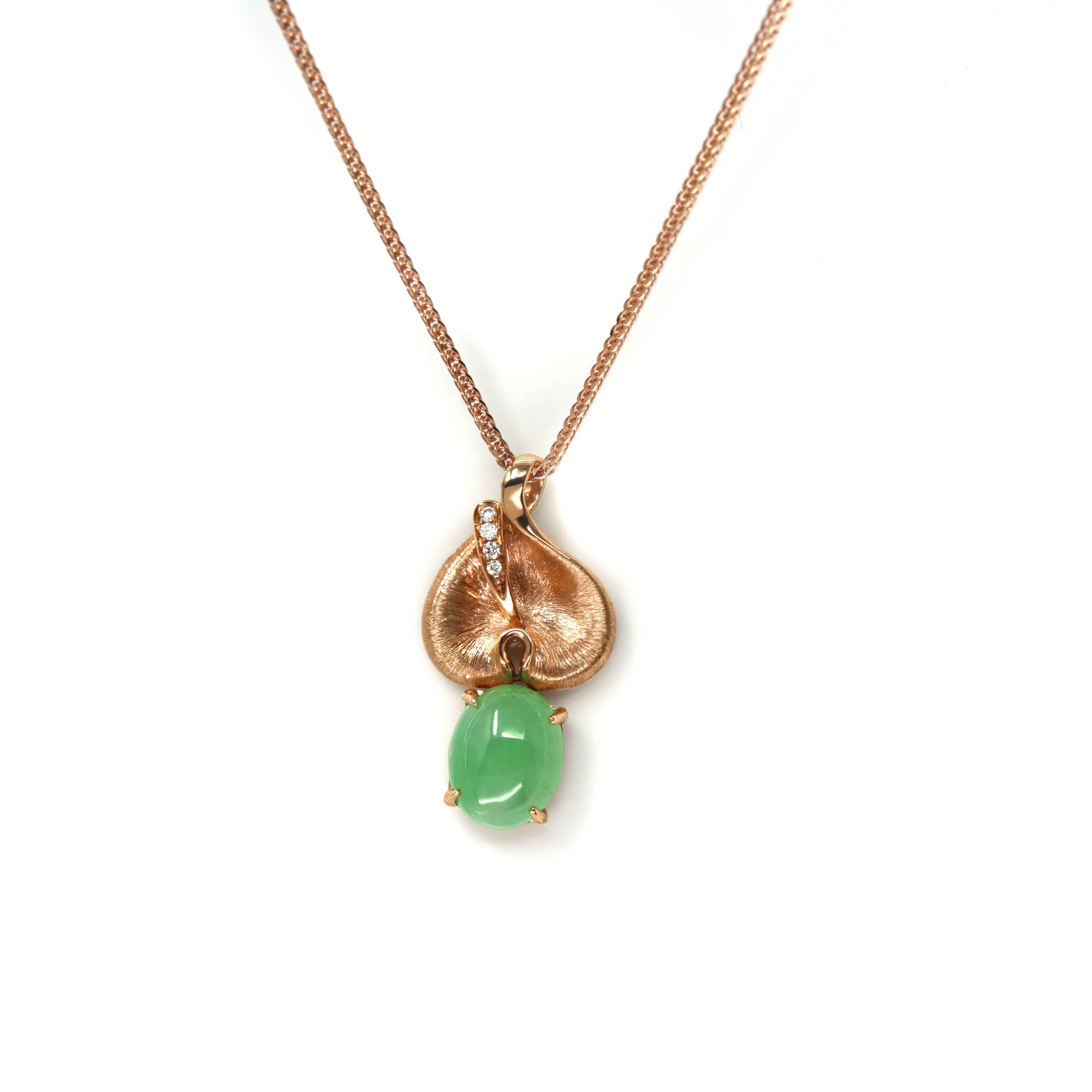 RealJade® "Morning Glory"18k Rose Gold Imperial Green Jadeite Jade Diamond Pendant Necklace