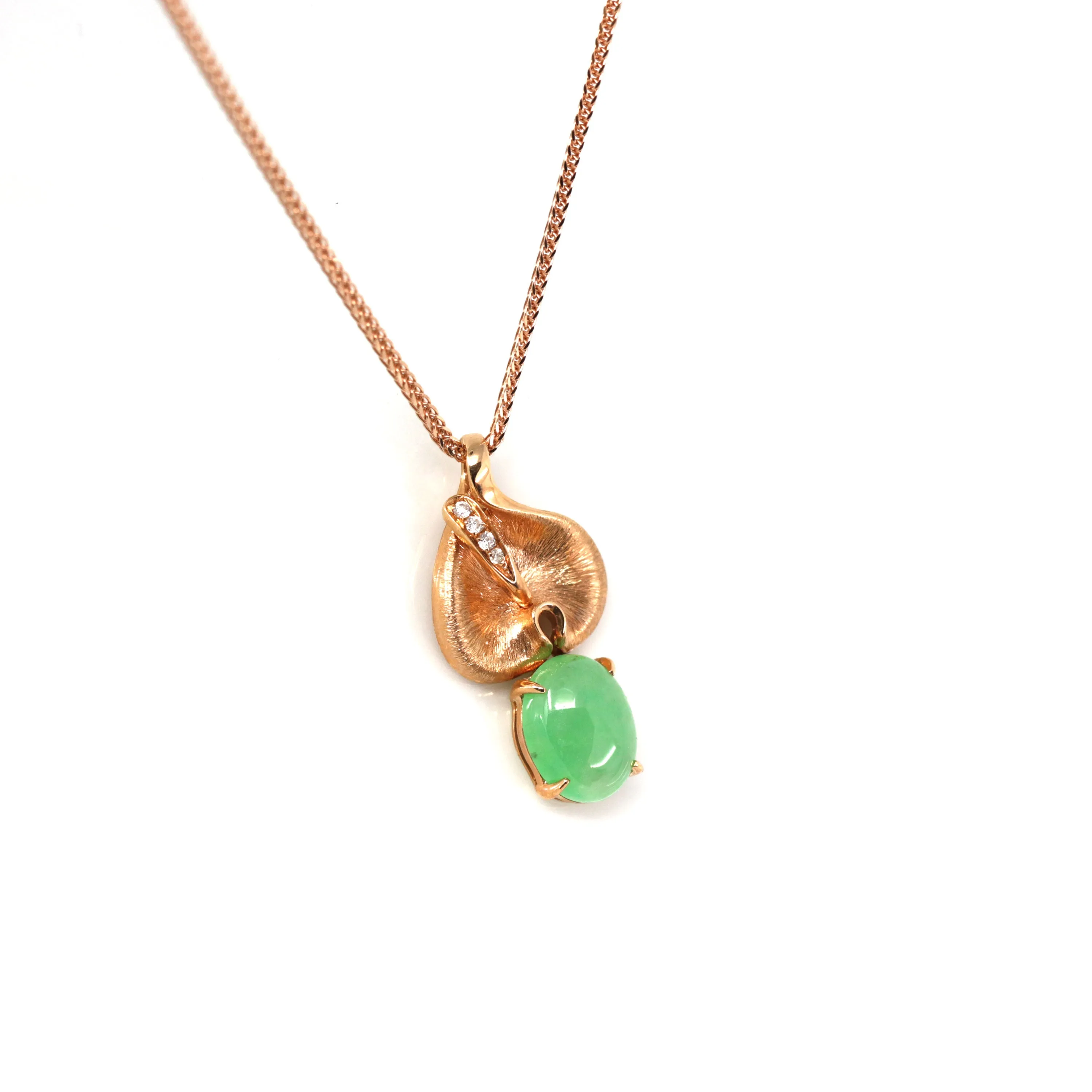 RealJade® "Morning Glory"18k Rose Gold Imperial Green Jadeite Jade Diamond Pendant Necklace