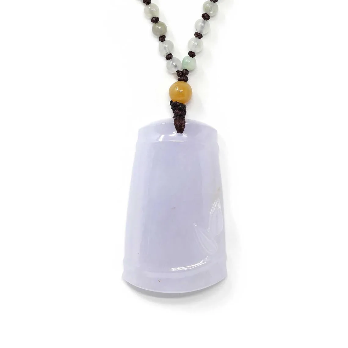 RealJade® "Prosperous Bamboo" Light Lavender Jadeite Jade Good Luck Bamboo Plaque Pendant Necklace With Real Jadeite Bead Necklace