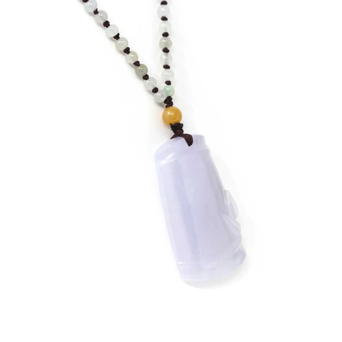RealJade® "Prosperous Bamboo" Light Lavender Jadeite Jade Good Luck Bamboo Plaque Pendant Necklace With Real Jadeite Bead Necklace