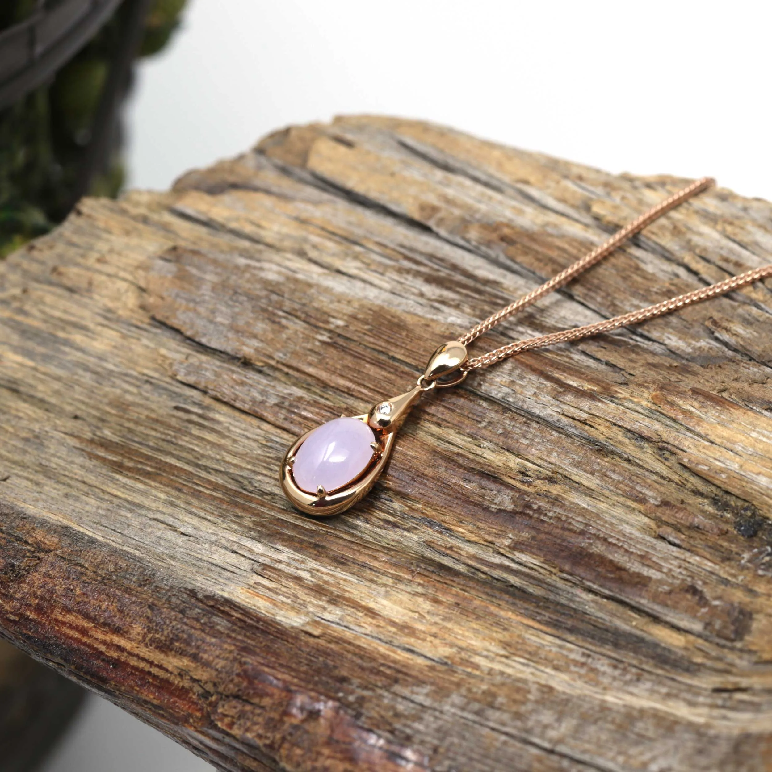 RealJade® "Tear Drop" 18k Rose Gold Lavender Jadeite jade Diamond Pendant Necklace - Jade Jewelry