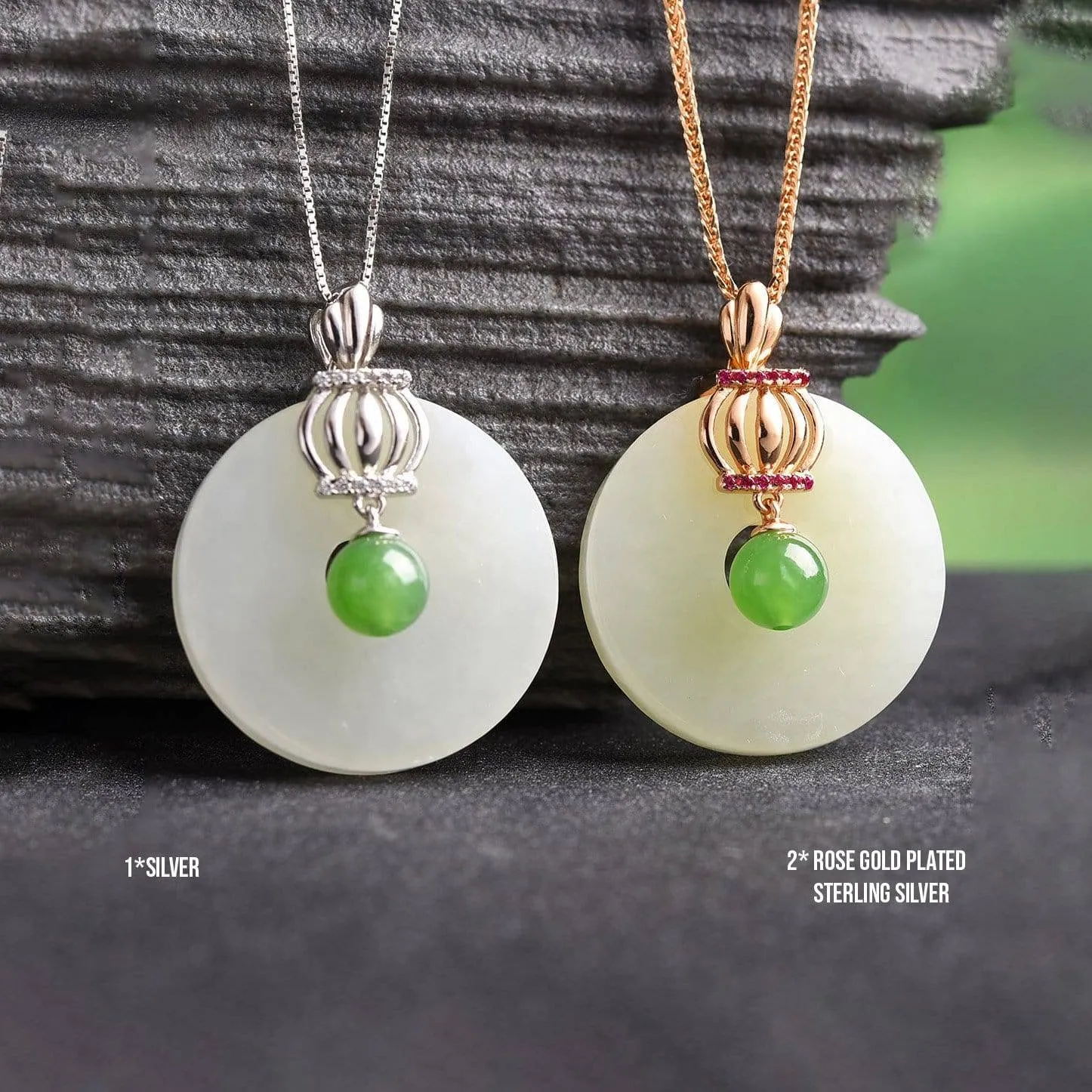Rose gold Plated Sterling Silver Genuine White and Green Nephrite Jade Crown Necklace Pendant