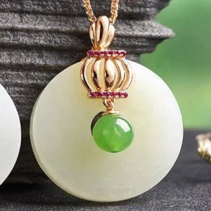Rose gold Plated Sterling Silver Genuine White and Green Nephrite Jade Crown Necklace Pendant