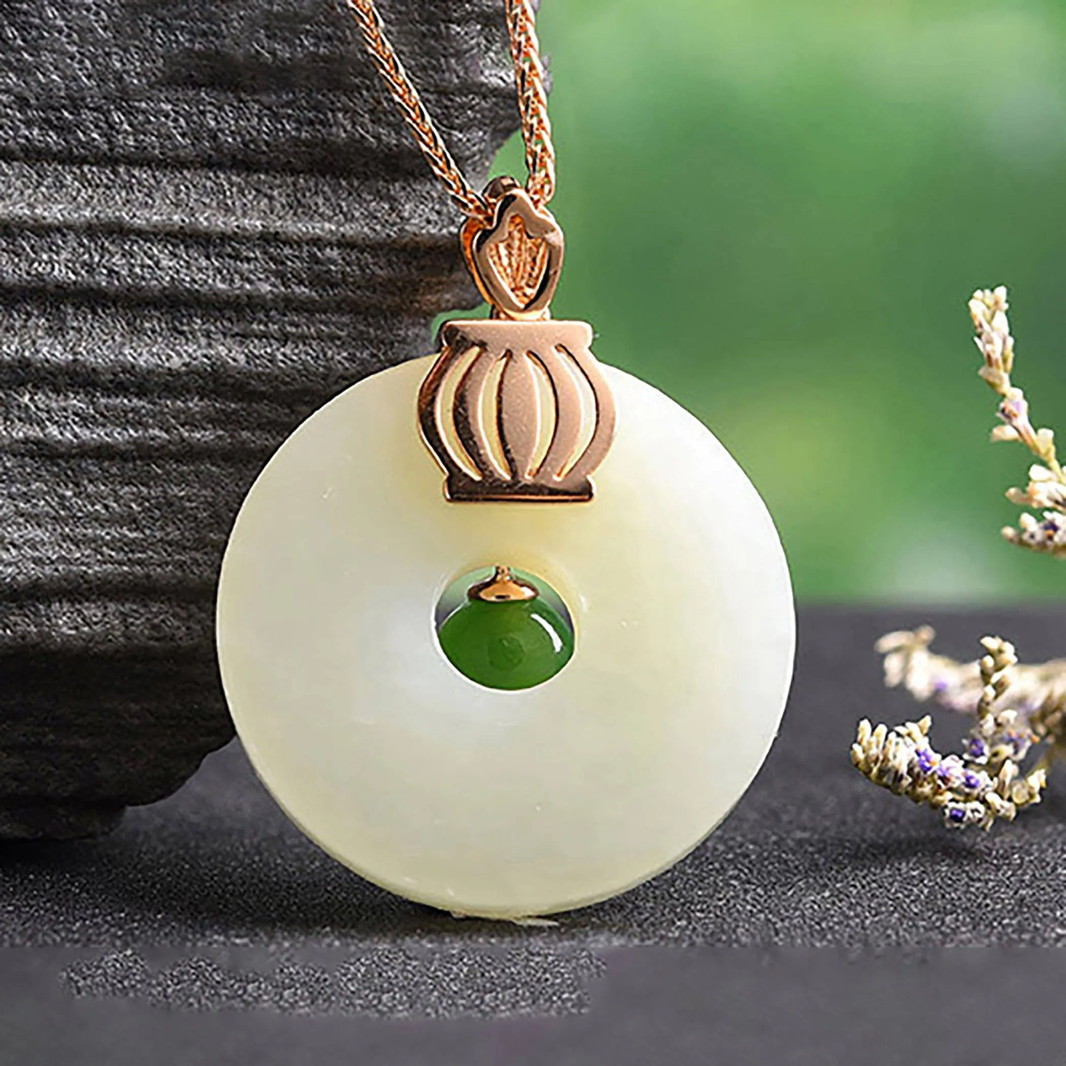 Rose gold Plated Sterling Silver Genuine White and Green Nephrite Jade Crown Necklace Pendant