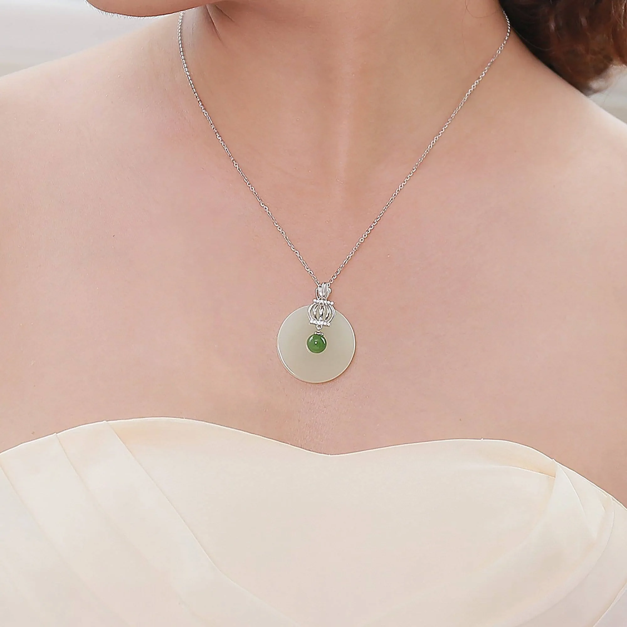Rose gold Plated Sterling Silver Genuine White and Green Nephrite Jade Crown Necklace Pendant