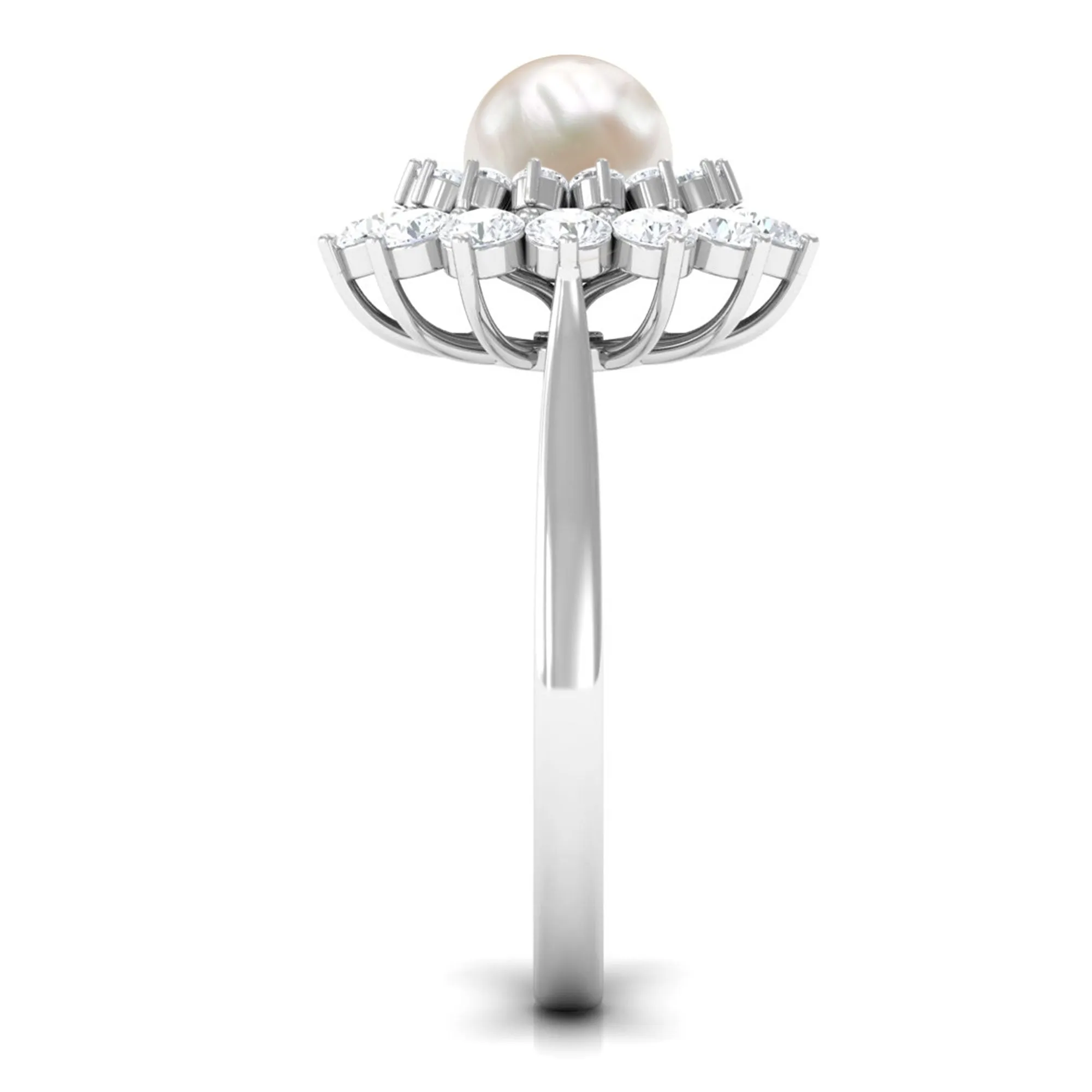 Round Freshwater Pearl Engagement Ring with Moissanite Double Halo