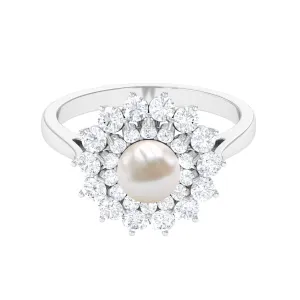 Round Freshwater Pearl Engagement Ring with Moissanite Double Halo