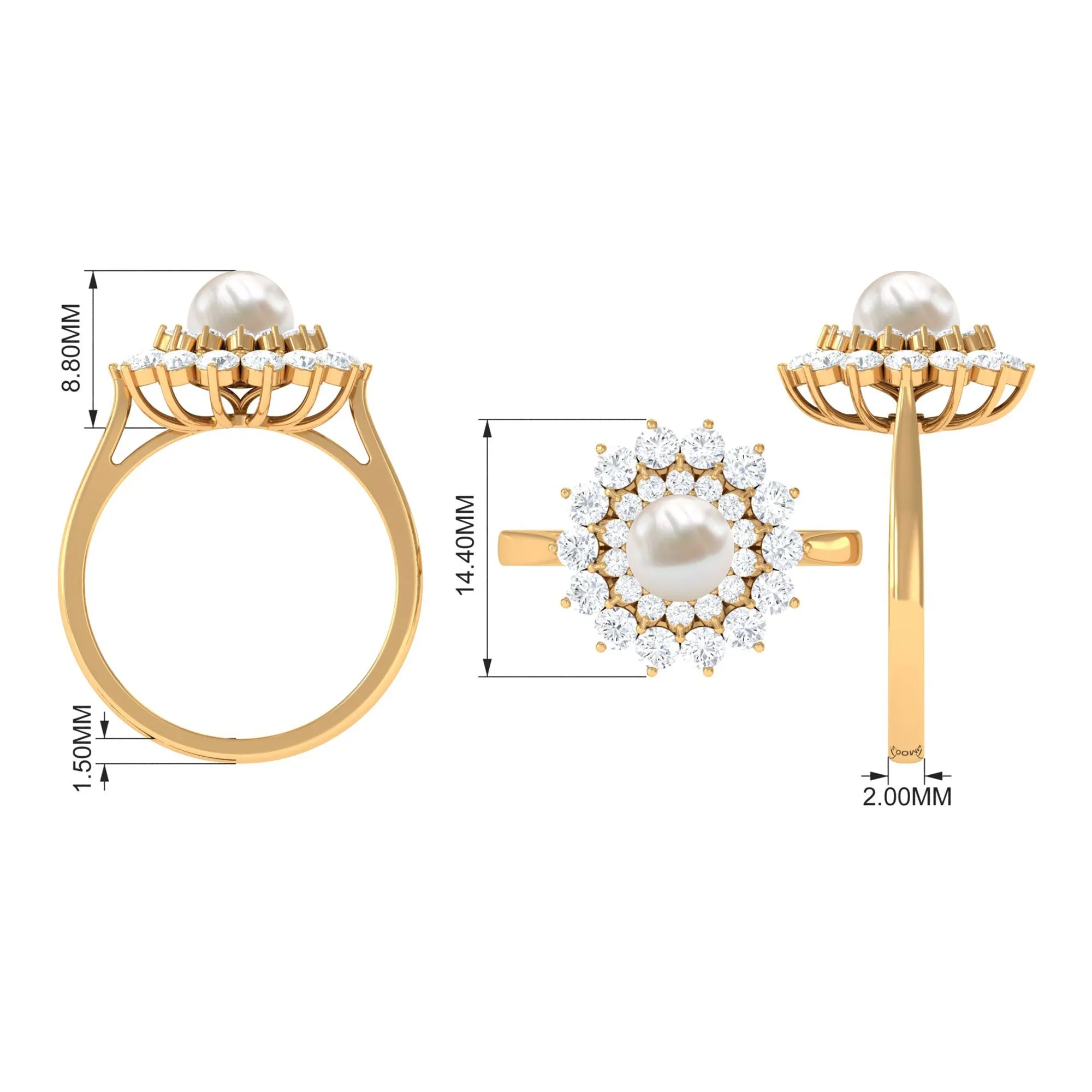 Round Freshwater Pearl Engagement Ring with Moissanite Double Halo