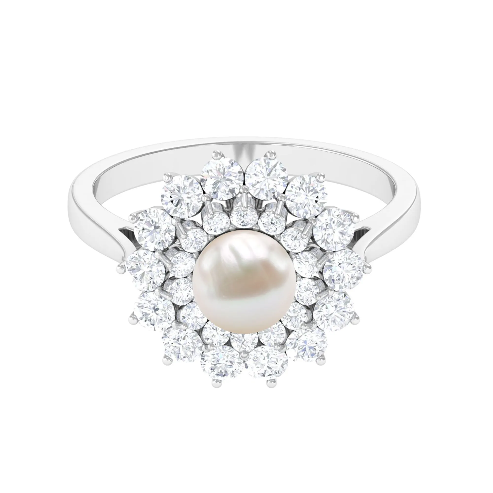 Round Freshwater Pearl Engagement Ring with Moissanite Double Halo