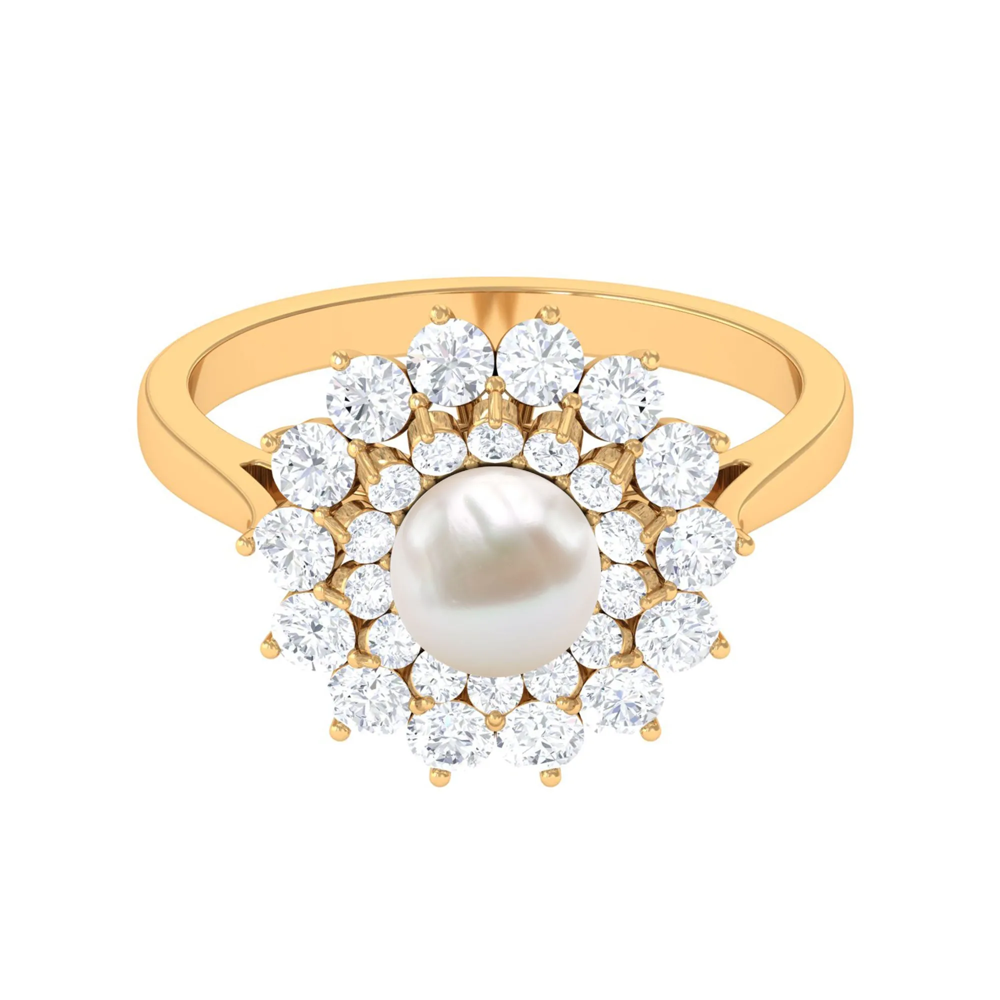 Round Freshwater Pearl Engagement Ring with Moissanite Double Halo