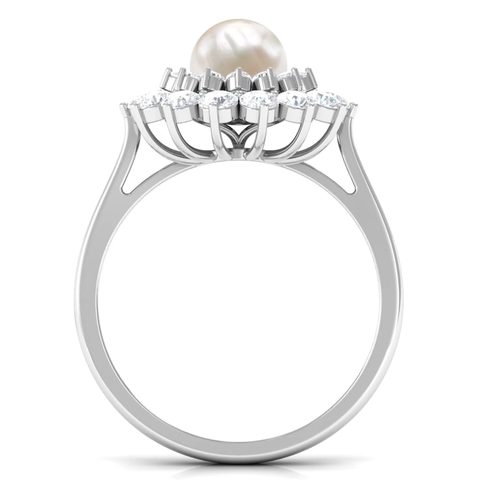 Round Freshwater Pearl Engagement Ring with Moissanite Double Halo