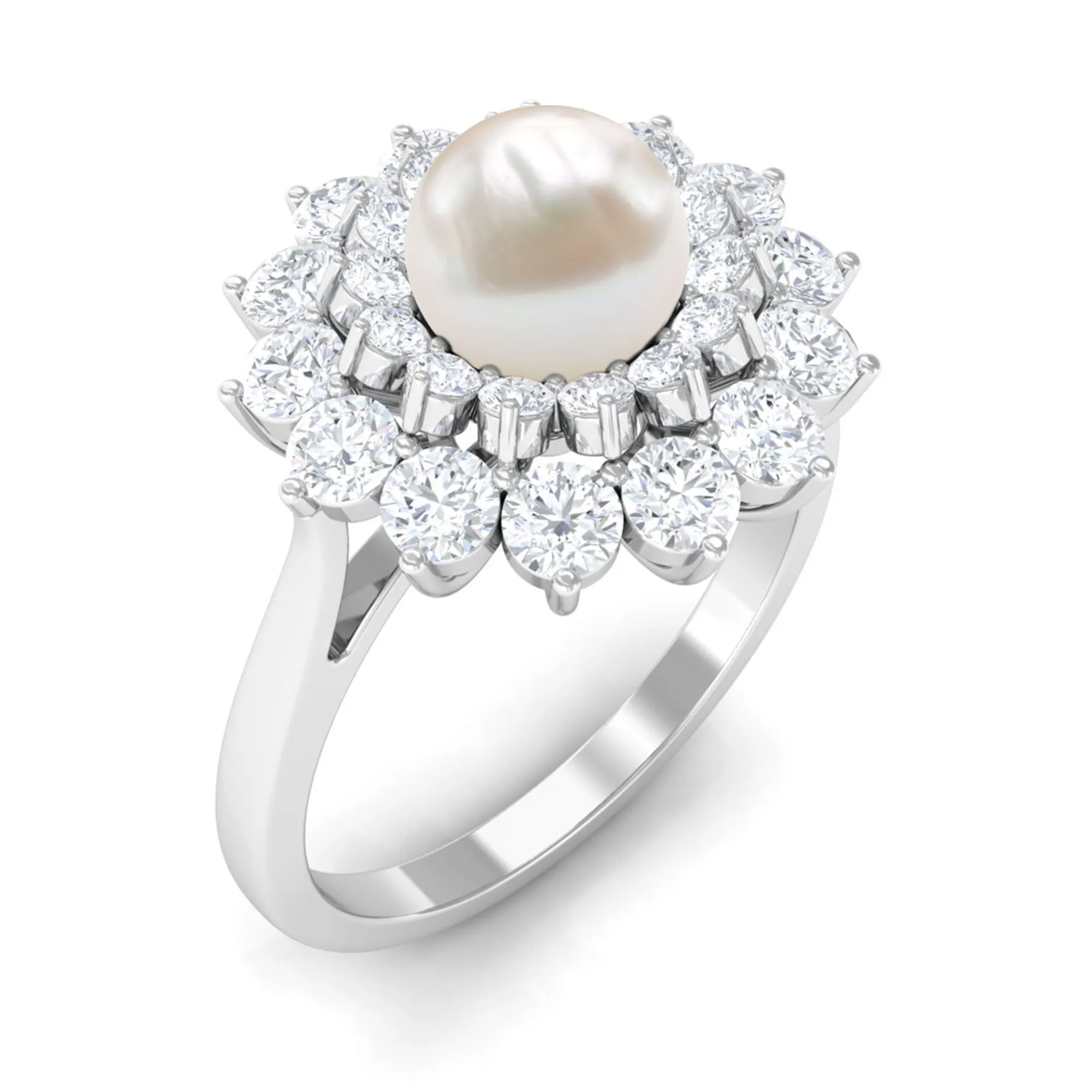 Round Freshwater Pearl Engagement Ring with Moissanite Double Halo
