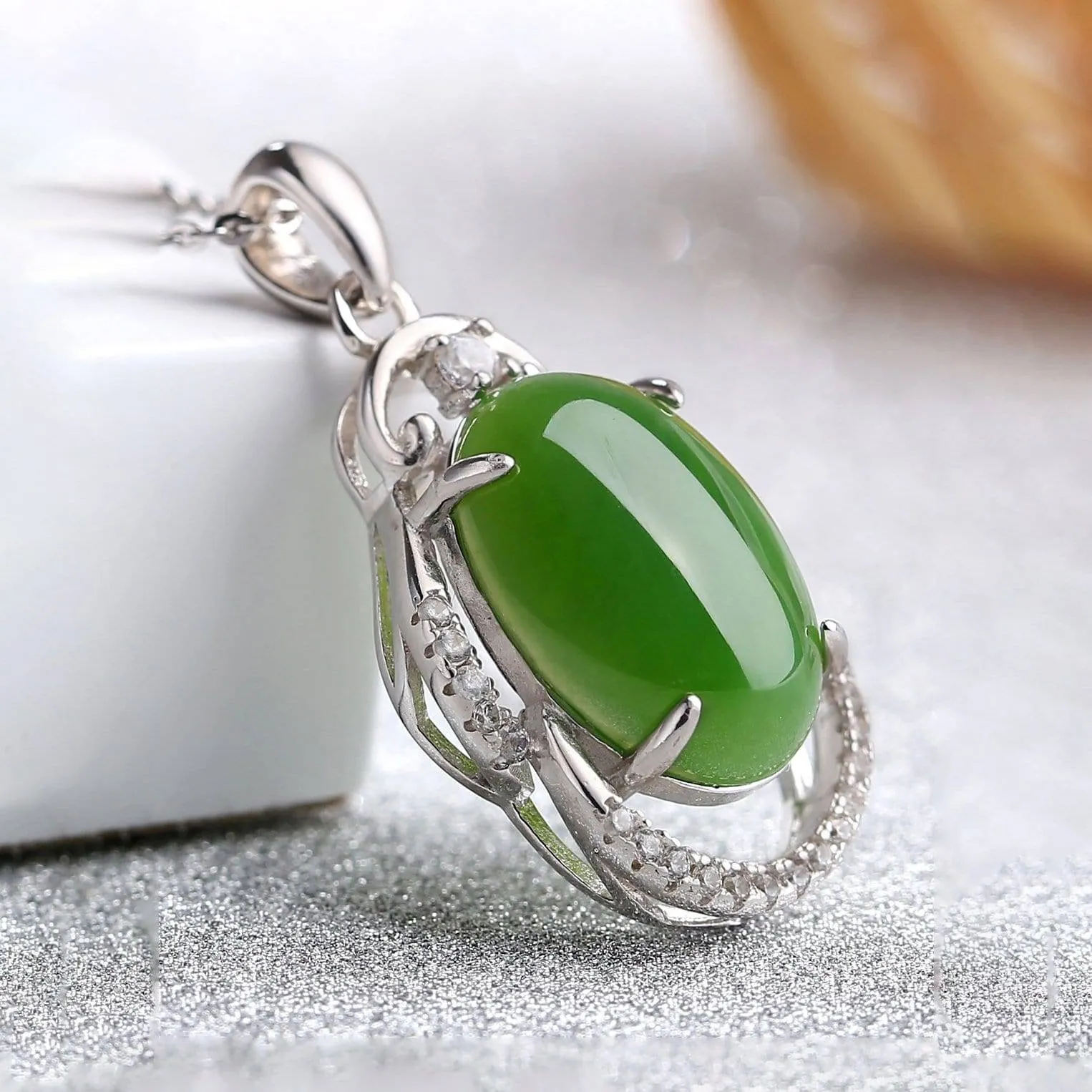 Sterling Silver Genuine Green Nephrite Jade With CZ Pendant Necklace