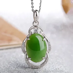 Sterling Silver Genuine Green Nephrite Jade With CZ Pendant Necklace