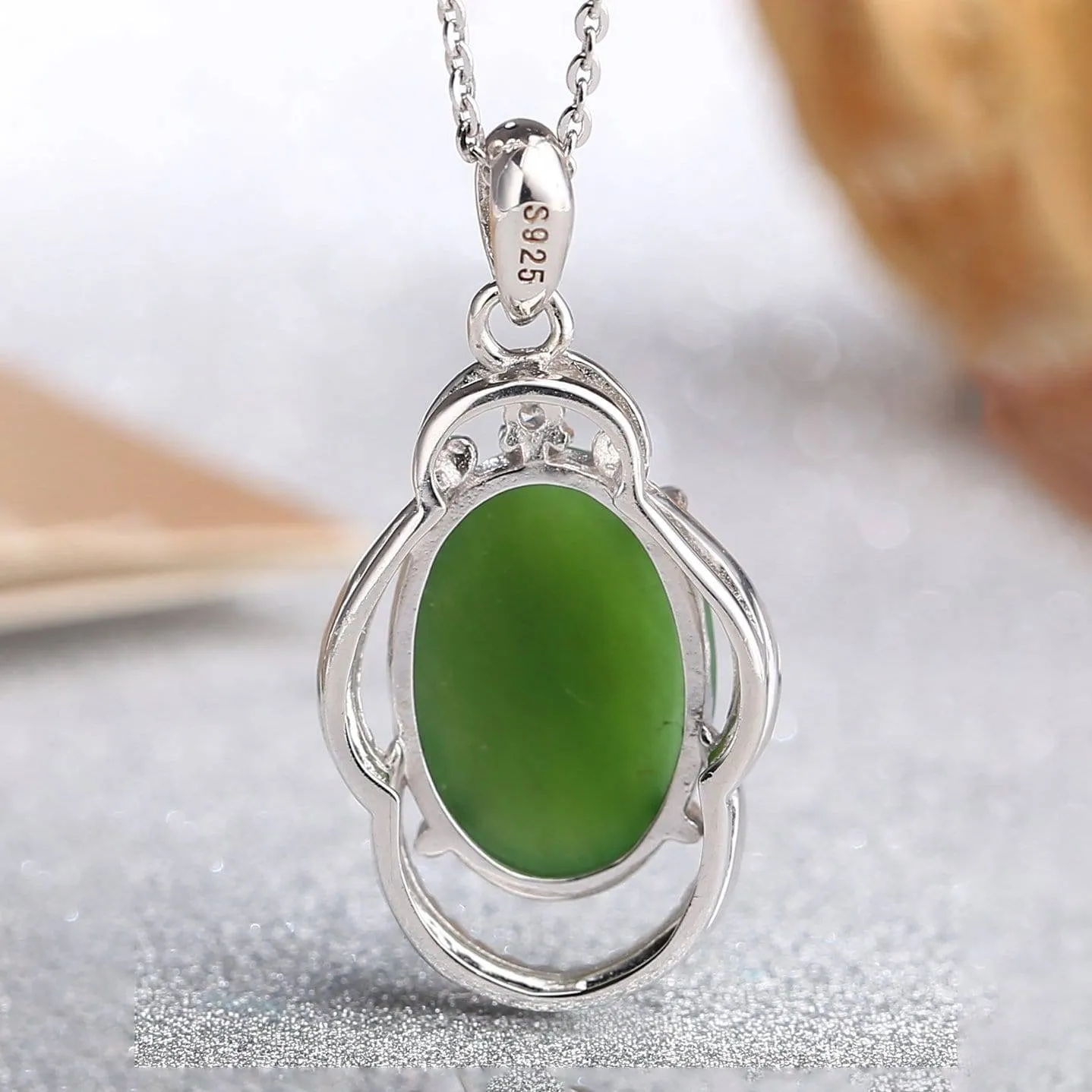 Sterling Silver Genuine Green Nephrite Jade With CZ Pendant Necklace