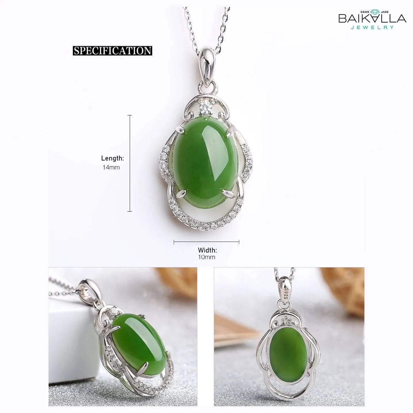 Sterling Silver Genuine Green Nephrite Jade With CZ Pendant Necklace