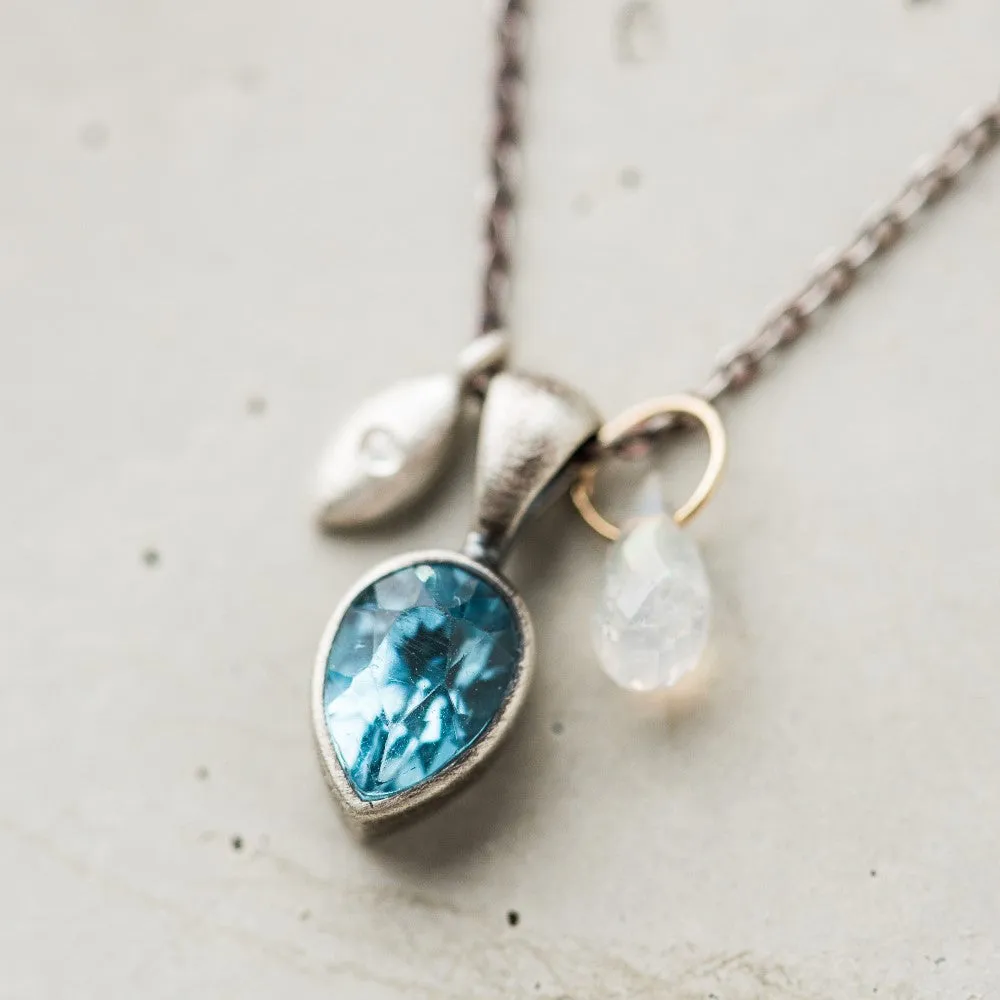 Swiss Blue Topaz Pear Cluster Necklace with Diamond and Moonstone