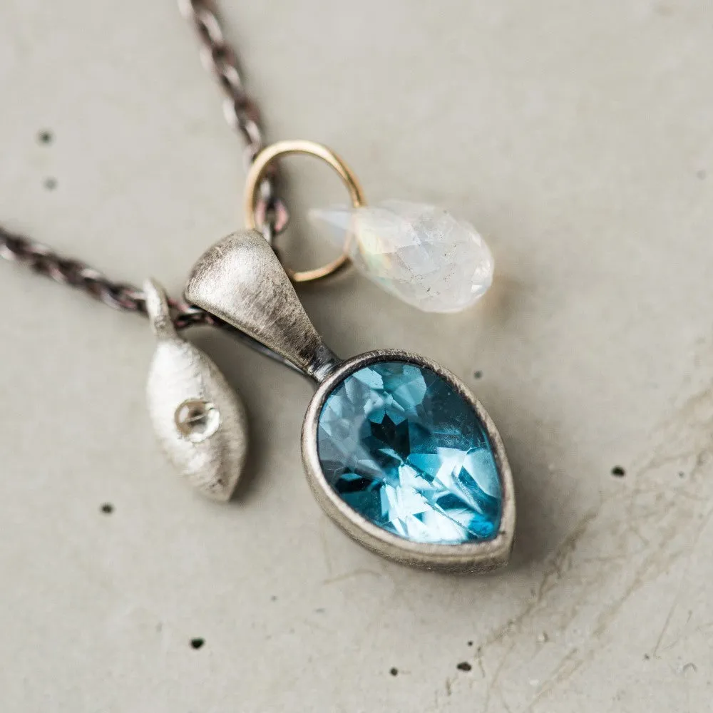 Swiss Blue Topaz Pear Cluster Necklace with Diamond and Moonstone