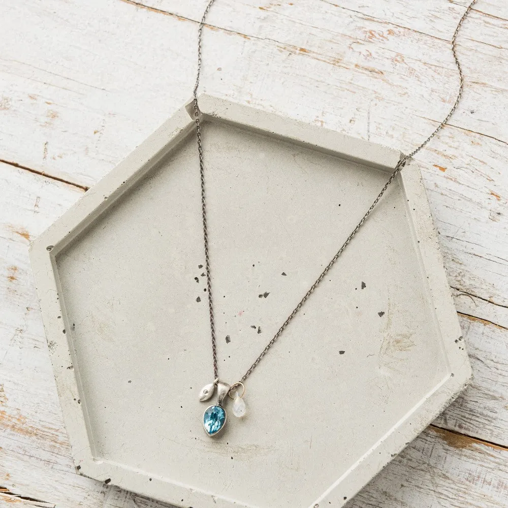 Swiss Blue Topaz Pear Cluster Necklace with Diamond and Moonstone