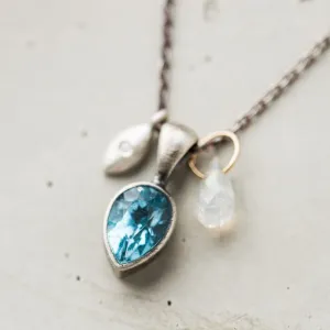 Swiss Blue Topaz Pear Cluster Necklace with Diamond and Moonstone