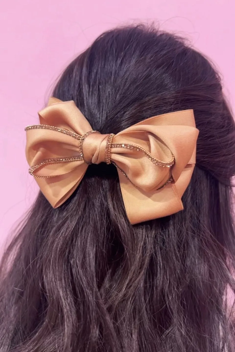 Tan Crystal Lined Bow Barrette