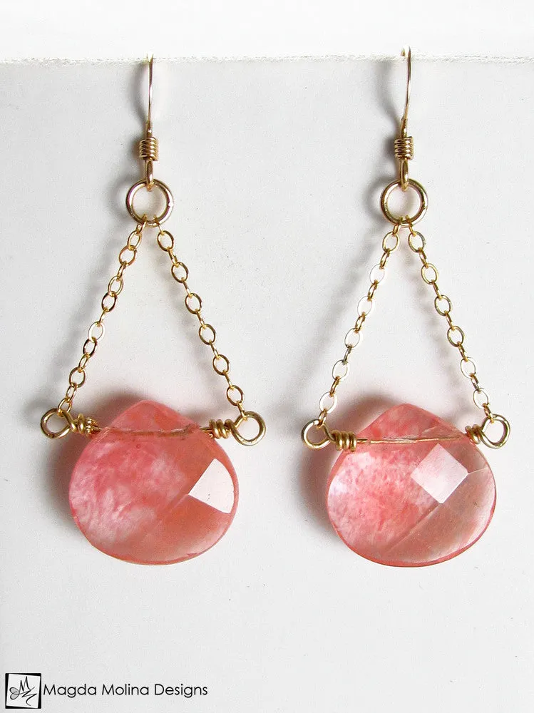 The Faceted Cherry Quartz & Gold Chain Dangle Earrings