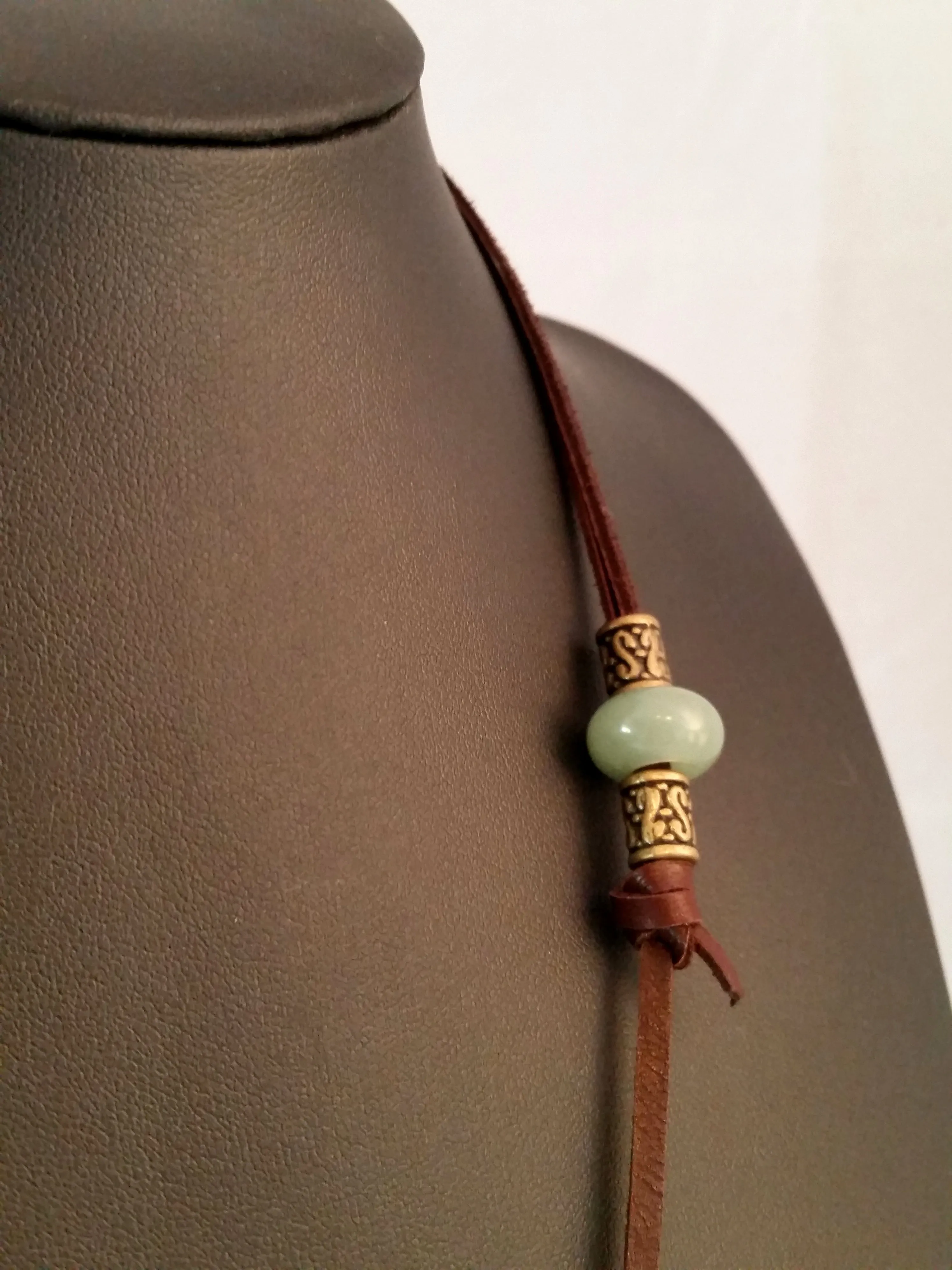 Thor's Hammer Necklace Bronze Brown Leather Jade | MTM