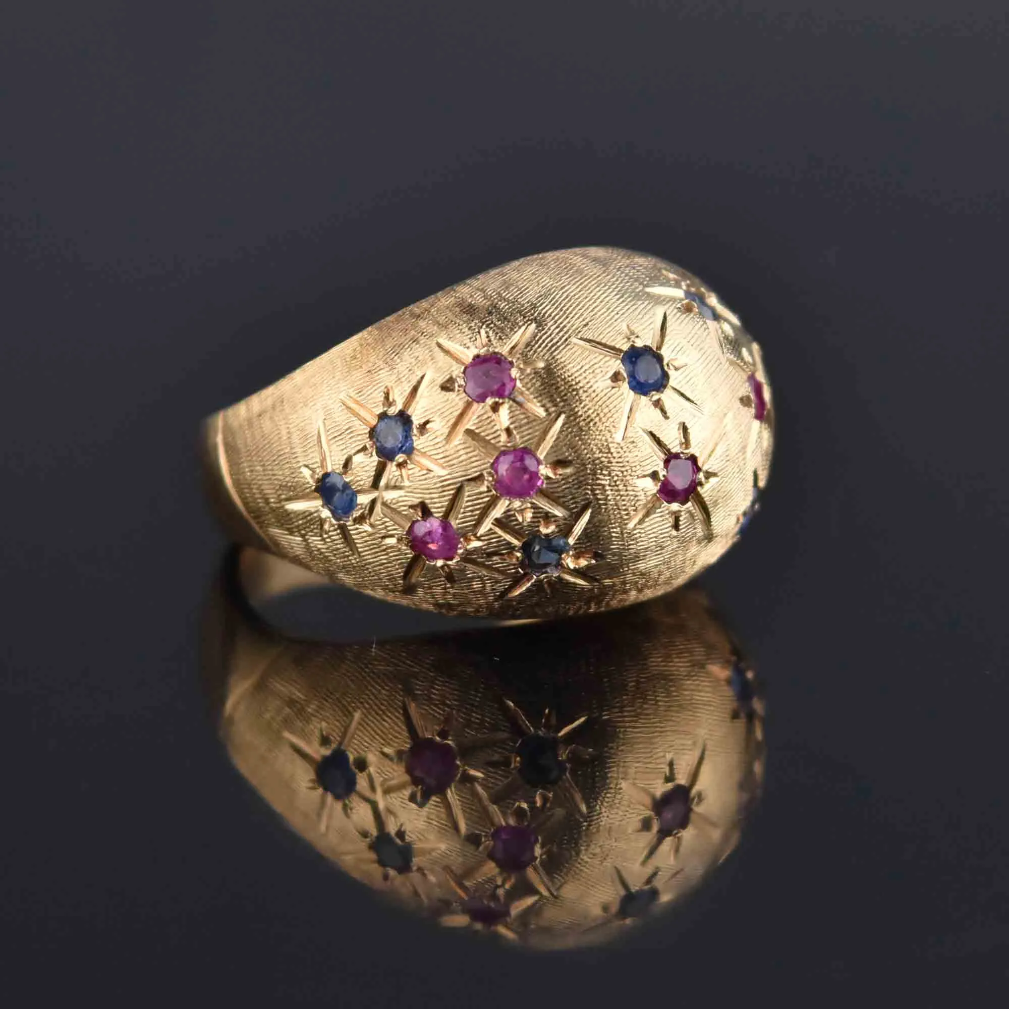 Vintage 14K Gold Sapphire Ruby Bombe Ring, Sz 7