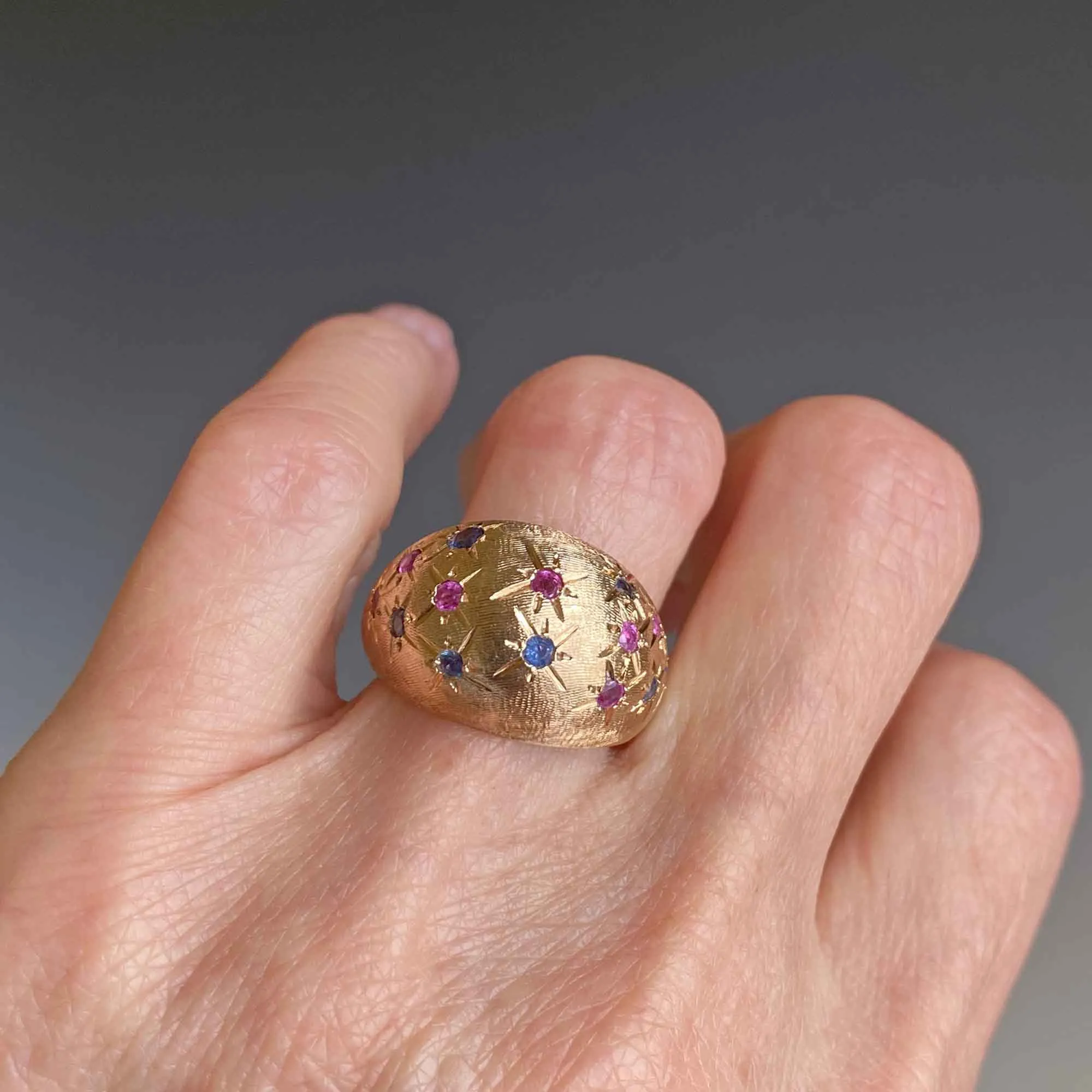 Vintage 14K Gold Sapphire Ruby Bombe Ring, Sz 7
