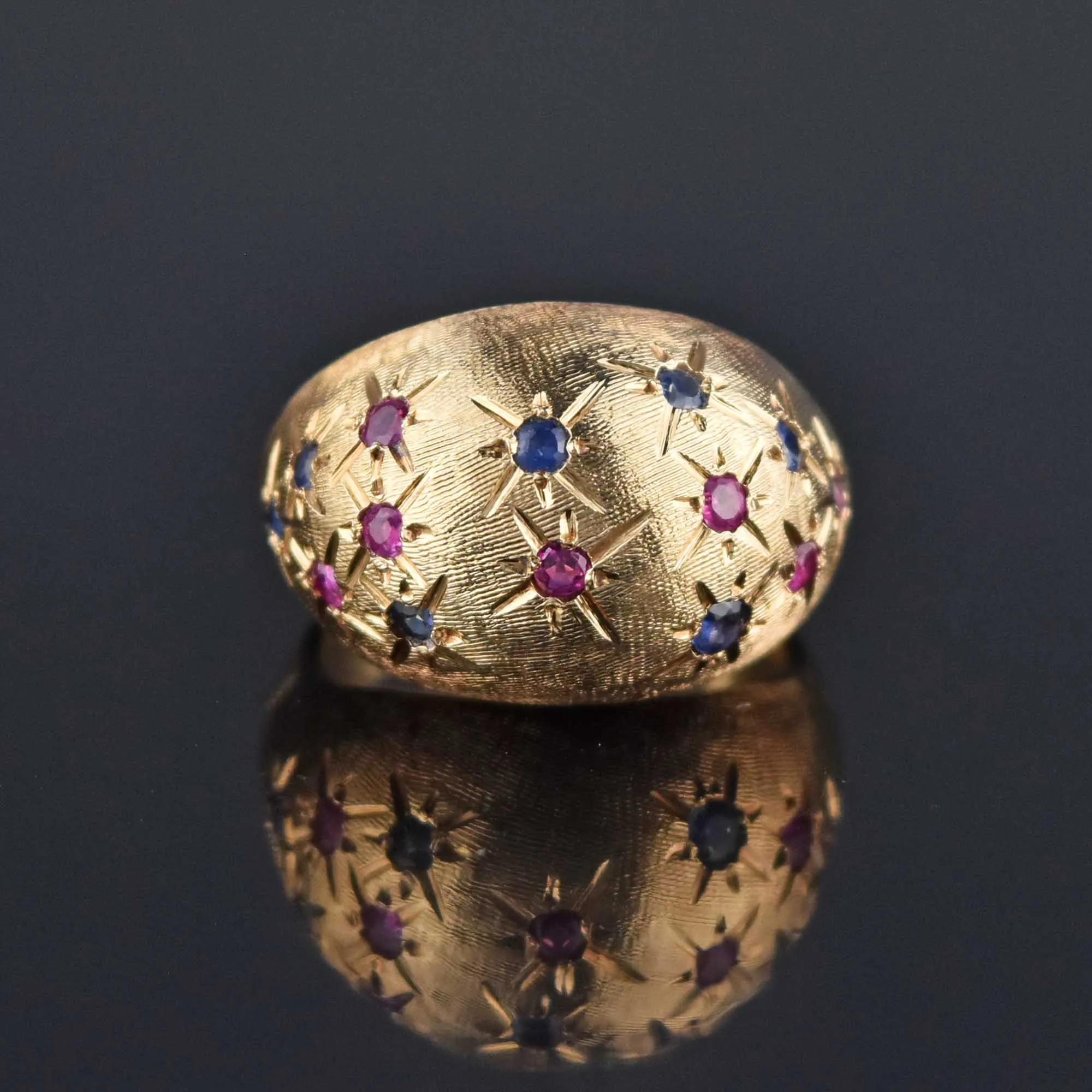Vintage 14K Gold Sapphire Ruby Bombe Ring, Sz 7